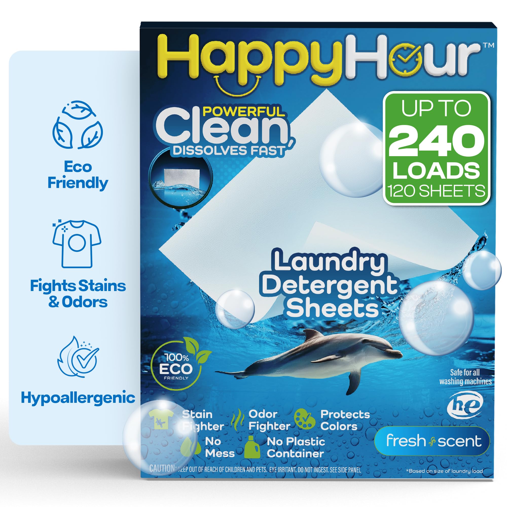 HAPPY HOUR Laundry Detergent Sheets Value Pack with up to 240 Loads, Non Toxic Laundry Sheets Detergent Soap for Sensitive Skin, Recyclable Eco Friendly, Perfect for Travel - Fresh Scent