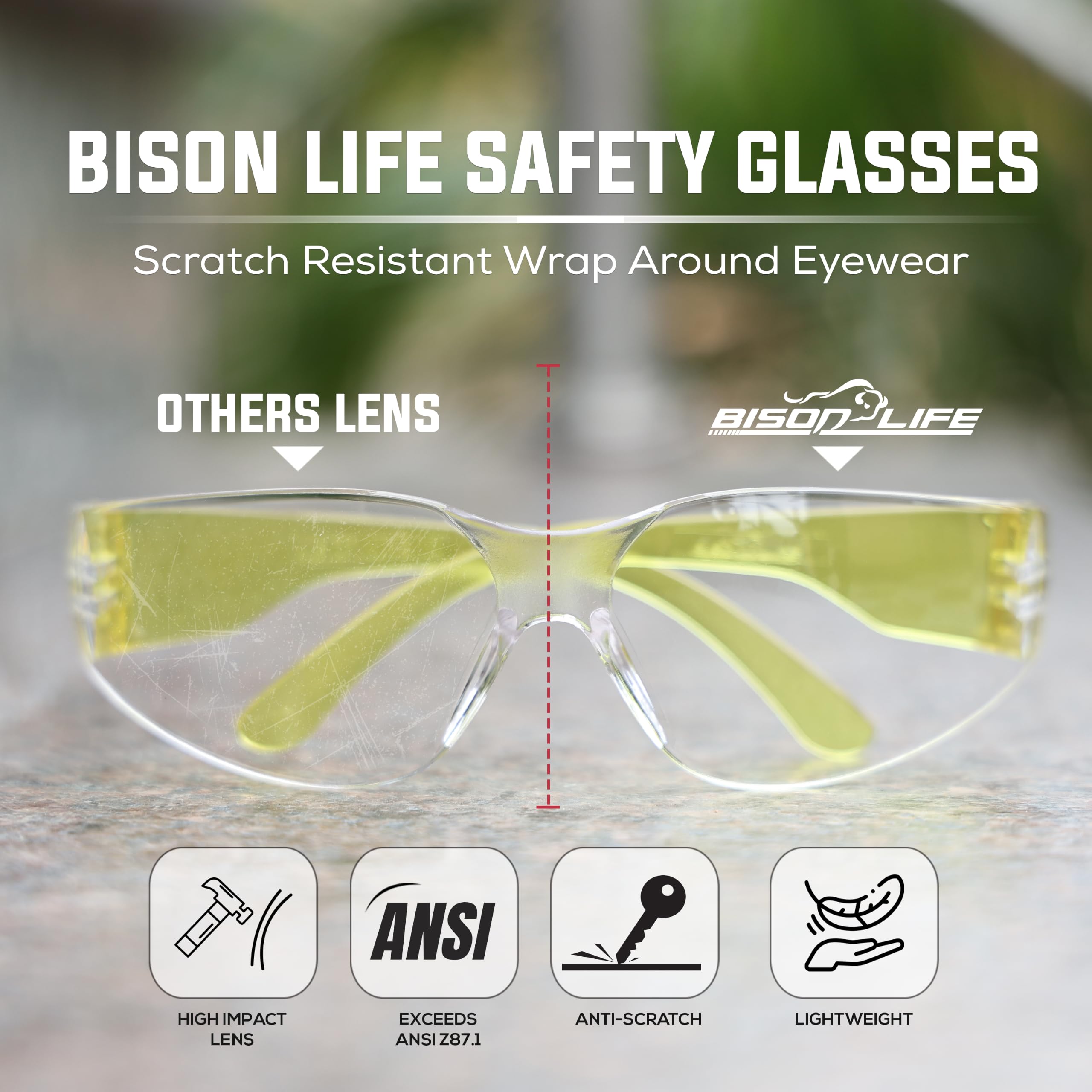 BISON LIFE Clear Safety Glasses – ANSI Z87.1 Certified Scratch & Impact Resistant Eye Protection Goggles for Men & Women