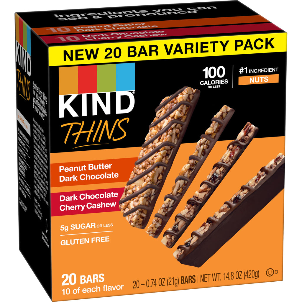 KIND Thins Snack Bars, 2 Flavor Variety Pack, Gluten Free, 100 Calorie, 60 Count, Peanut Butter Dark Chocolate & Dark Chocolate Cherry Cashew