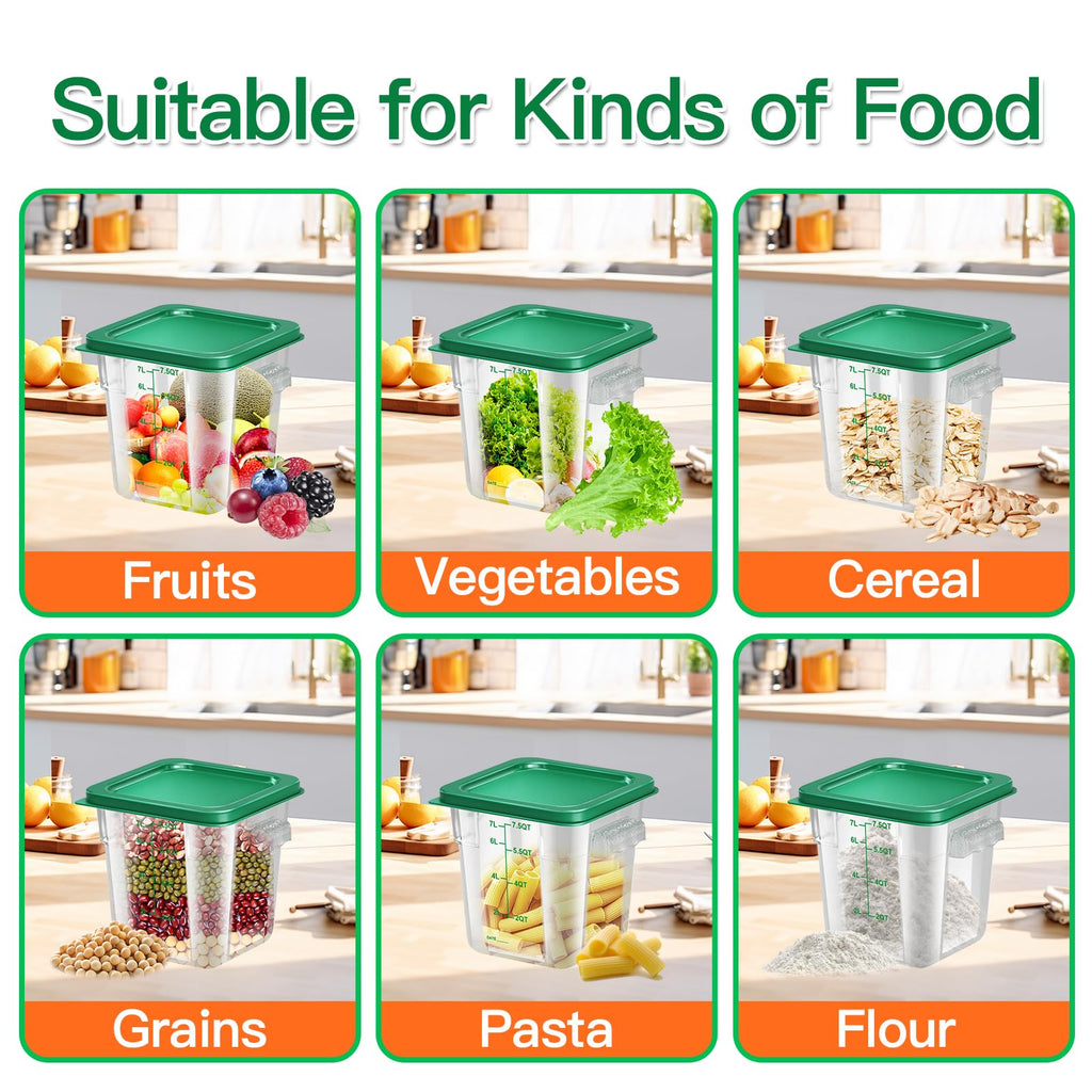 6 pcs 2qt Food Storage Containers with Lid, Square Clear Commercial Storage Containers with Handle and Scale for Food Storage in Home Kitchen & Dining (Green)