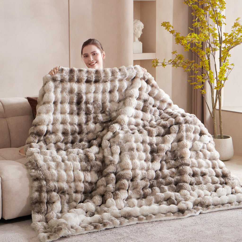 50x60 Inches Ultra-Soft Fuzzy Faux Fur Plush Throw Blanket - Thick, Warm Sherpa for Couch, Sofa, Bedroom, Camping - Decorative Blanket for Cozy Warmth, Bubble Grey