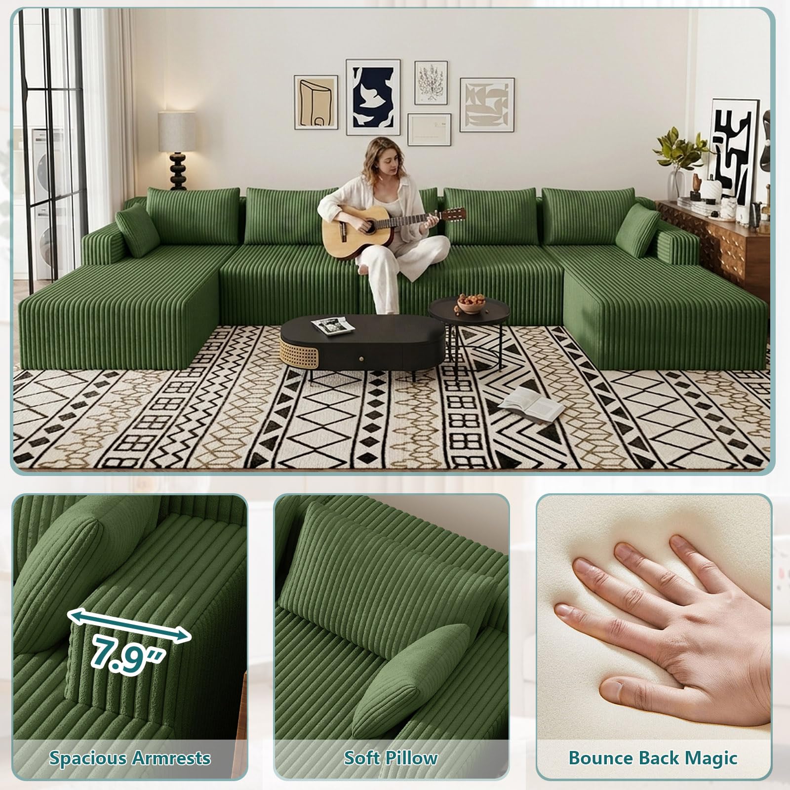 Lakifun 107" L-Shape Sofa with Ottoman, Modern Modular Sectional Comfy U-Shape Cloud Couch, Deep Seat, Upholstered Corduroy Sleeper Chaise Longue for Living Room Bedroom, No Assembly Required, Black