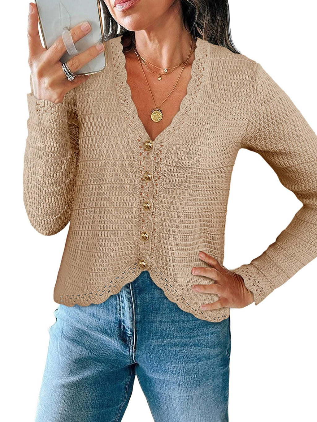 Saodimallsu Womens V Neck Cardigan Sweaters Button Up Cropped Boho Knit Long Sleeve Loose Trendy Sweater Tops