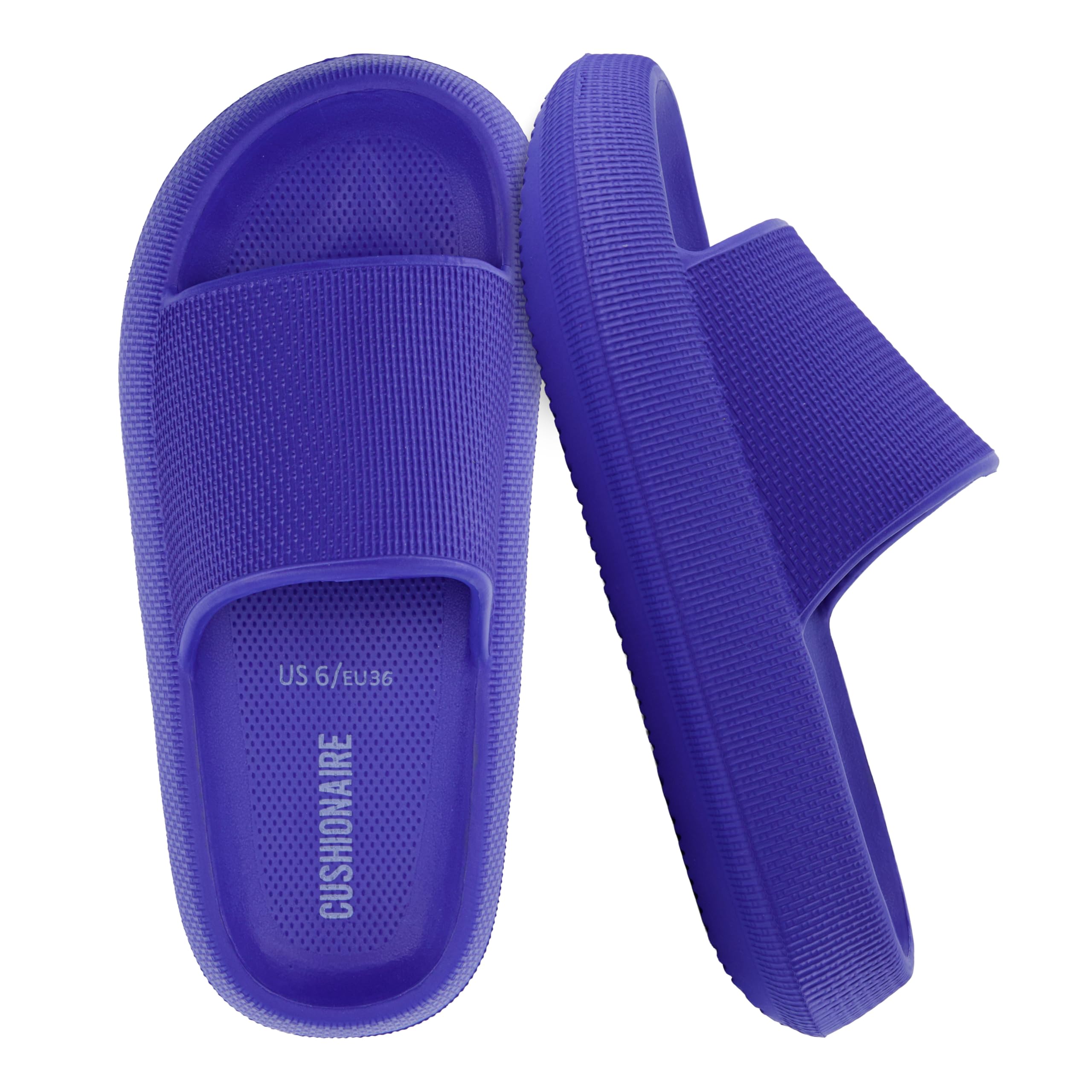 CUSHIONAIRE Feather EVA Slides for Women – Comfortable Slip On Womens Slippers, Indoor Outdoor Shower Shoes, Beach Essential Cloud Slides