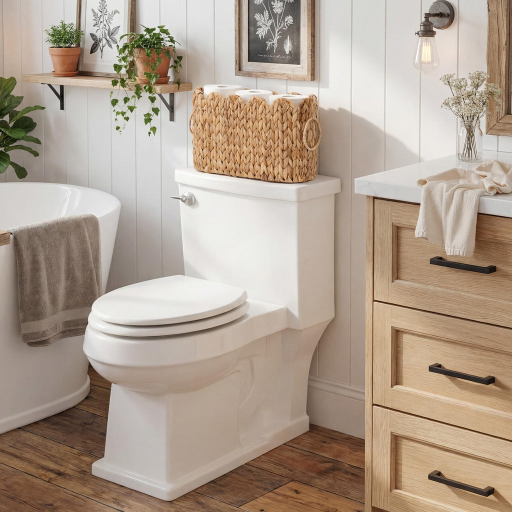 StorageWorks Bathroom Toilet Paper Storage Holder with Lid, Wicker Toilet Paper Basket for 6 Regular Rolls, Slim Basket Organizer with Handles, Water Hyacinth Storage Baskets for Bathroom, Brown