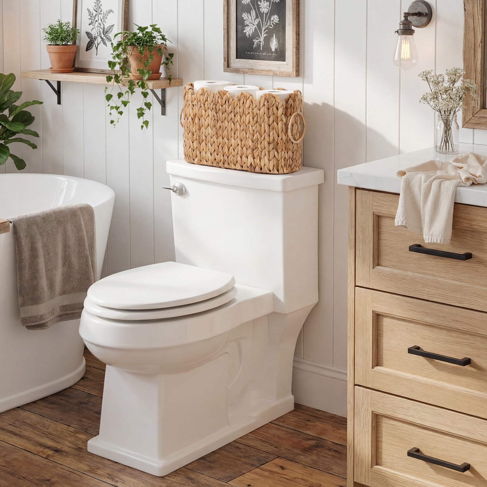 StorageWorks Bathroom Toilet Paper Storage Holder with Lid, Wicker Toilet Paper Basket for 6 Regular Rolls, Slim Basket Organizer with Handles, Water Hyacinth Storage Baskets for Bathroom, Brown