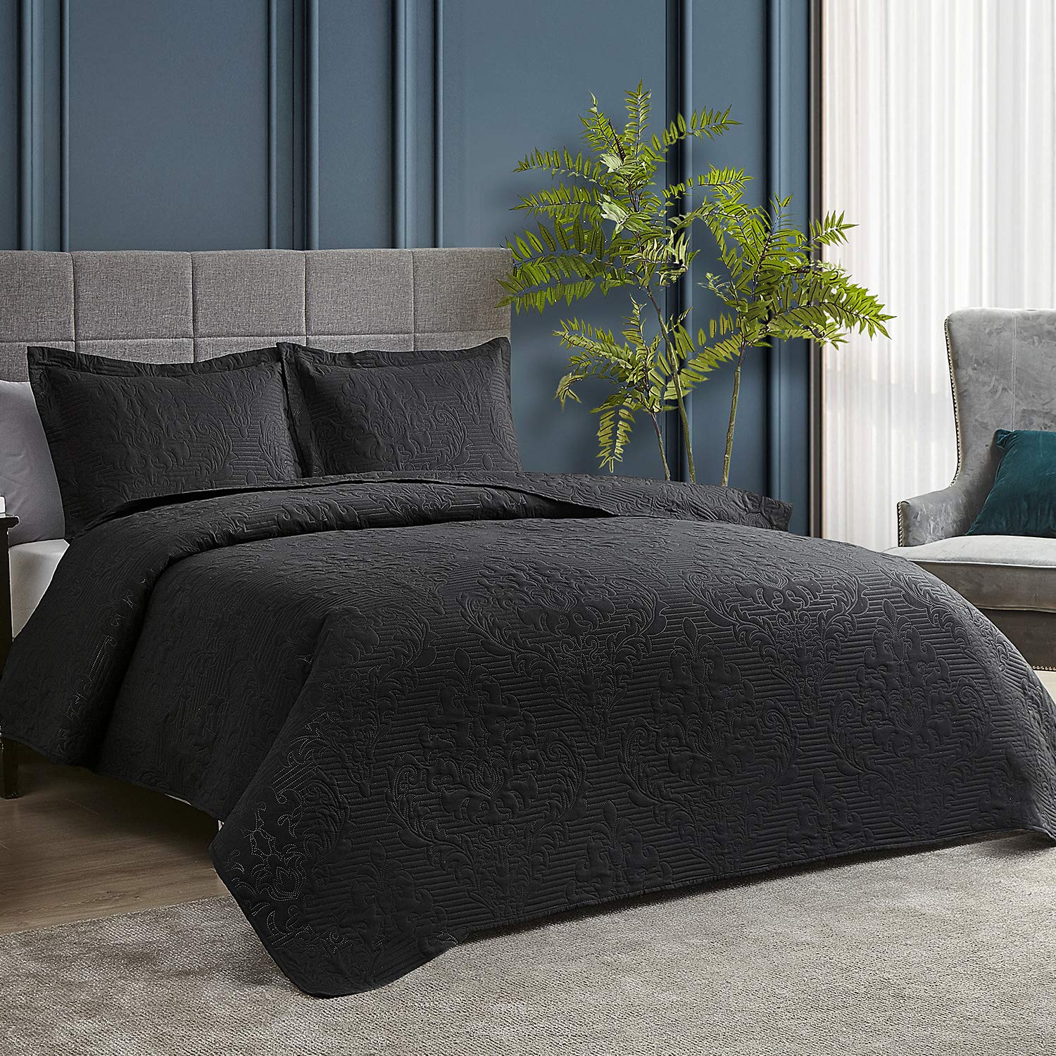 Hansleep Black Quilt Twin Size - Damask Ultrasonic All Season Bedspread Twin, Soft Lightweight Coverlet Bedding Set, 2 Pieces (1 Quilt, 1 Pillow Sham)