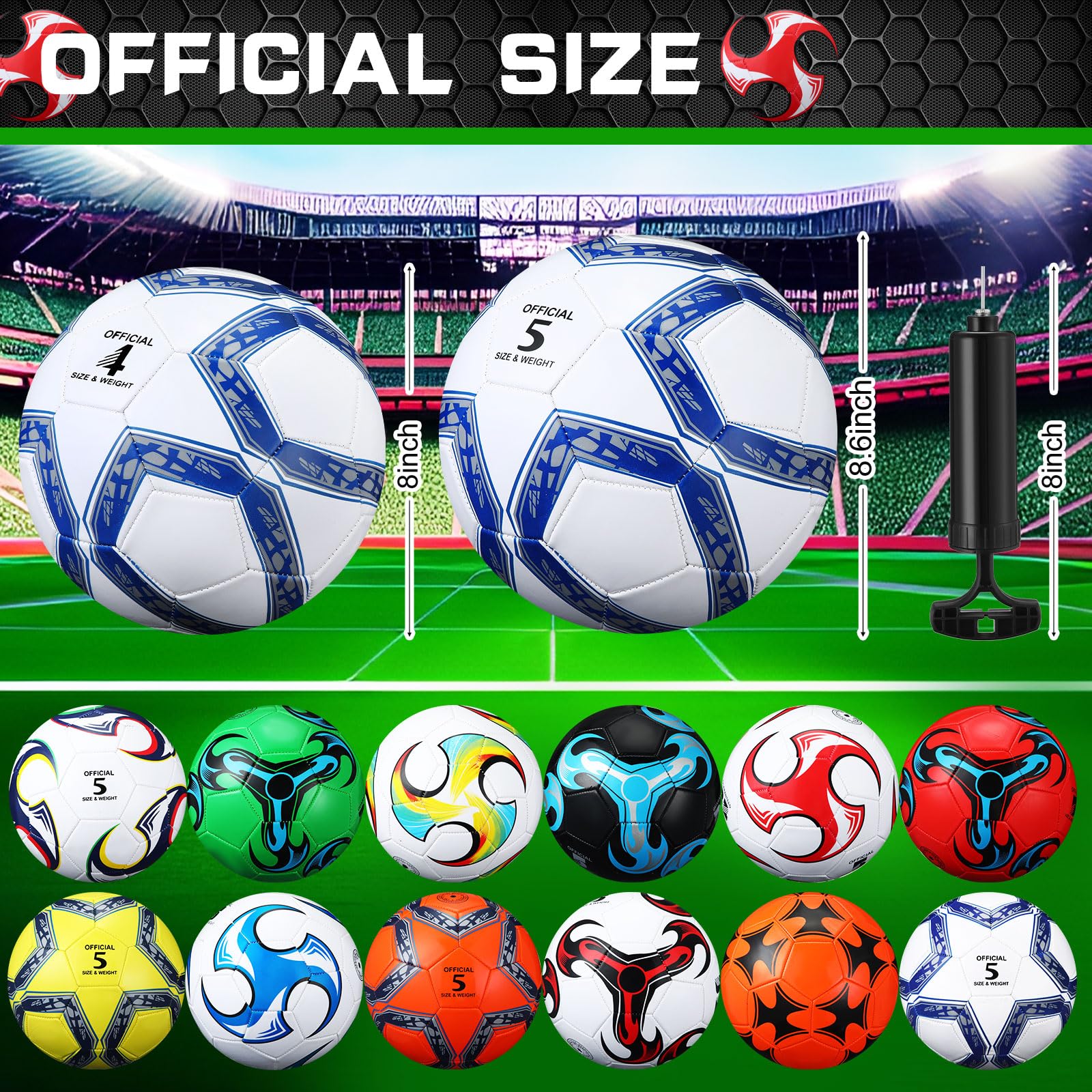 Lunmon 12 Pcs Bulk Soccer Balls with 2 Pump Official Size Deflated Ball Football for Indoor Outdoor Game Sports Training Adult Players Soccer Birthday Gift Global