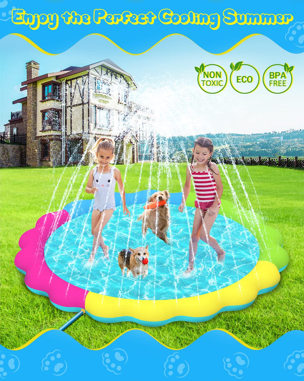 Raxurt Splash Pad, Non-Slip Thicken Splash Pad for Kids Ages 4-8 Toddler Baby Splash Sprinkler Pad Dog Pool Summer Outdoor Water Toys for Boys Girls, 59'' Blue