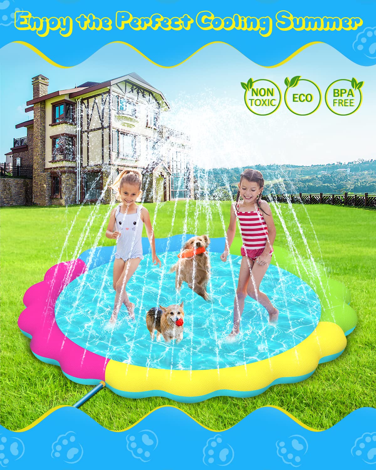 Raxurt Splash Pad, Non-Slip Thicken Splash Pad for Kids Ages 4-8 Toddler Baby Splash Sprinkler Pad Dog Pool Summer Outdoor Water Toys for Boys Girls, 59'' Blue