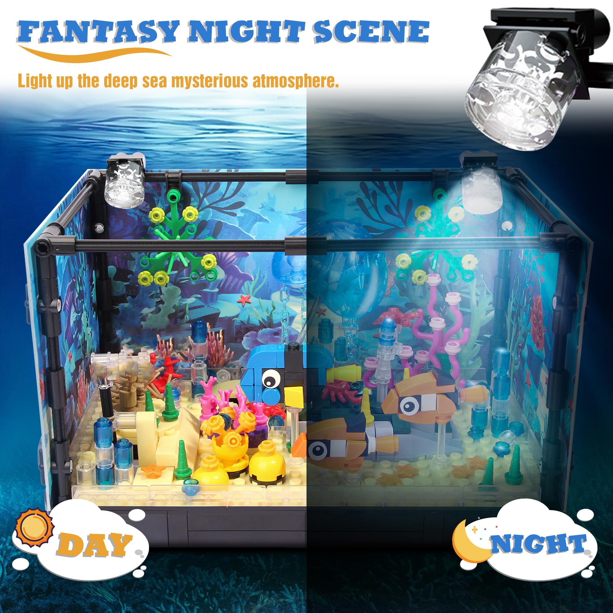 Jorumo Fish Tank Building Block, Lighting Aquarium Building Sets for Adults and Kids Including Ocean Jellyfish, Dolphin, Turtle, Crab, Animal Building Toys for Boys Age 12+, 725pcs