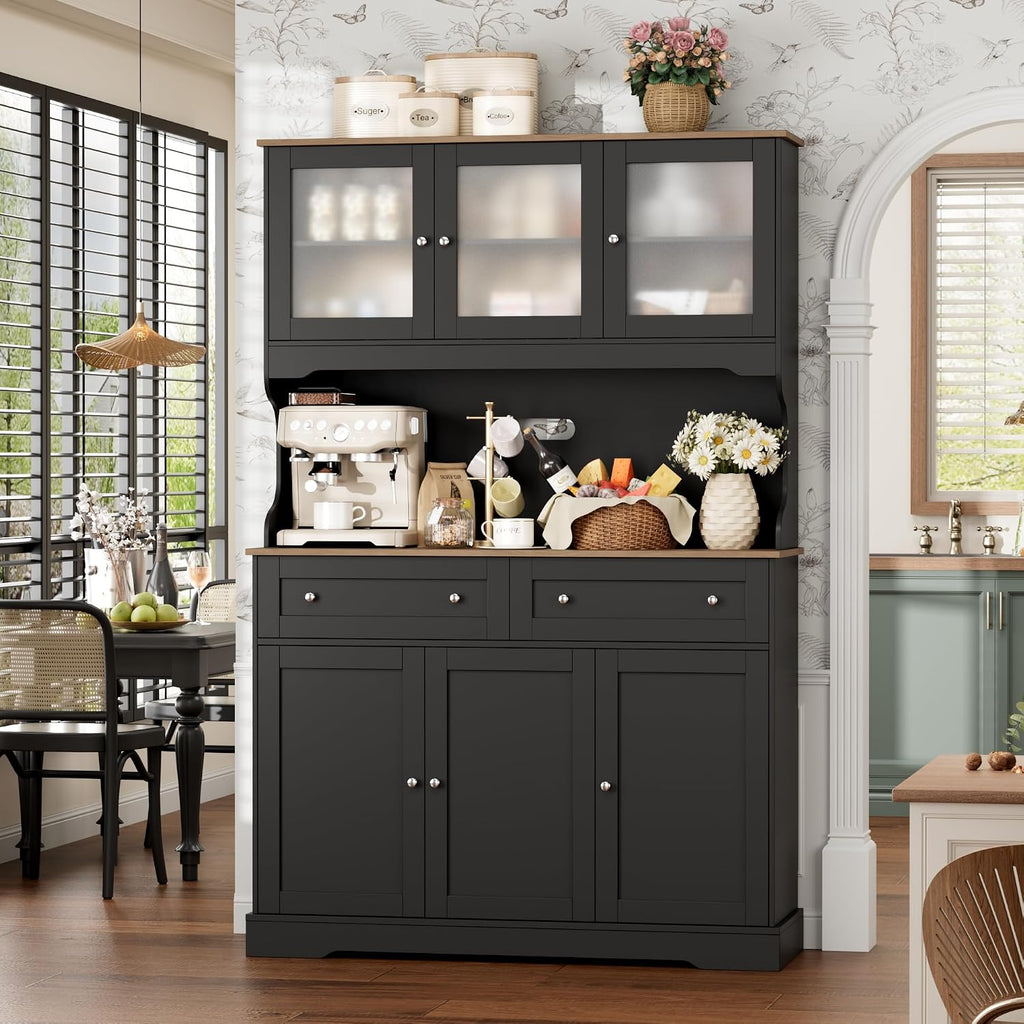 FACBOTALL 71.9" Kitchen Pantry Cabinet, Tall Storage Cabinet, Kitchen Hutch with Countertop and Outlets, Farmhouse Tall Pantry Storage with Doors and Shelves, Black