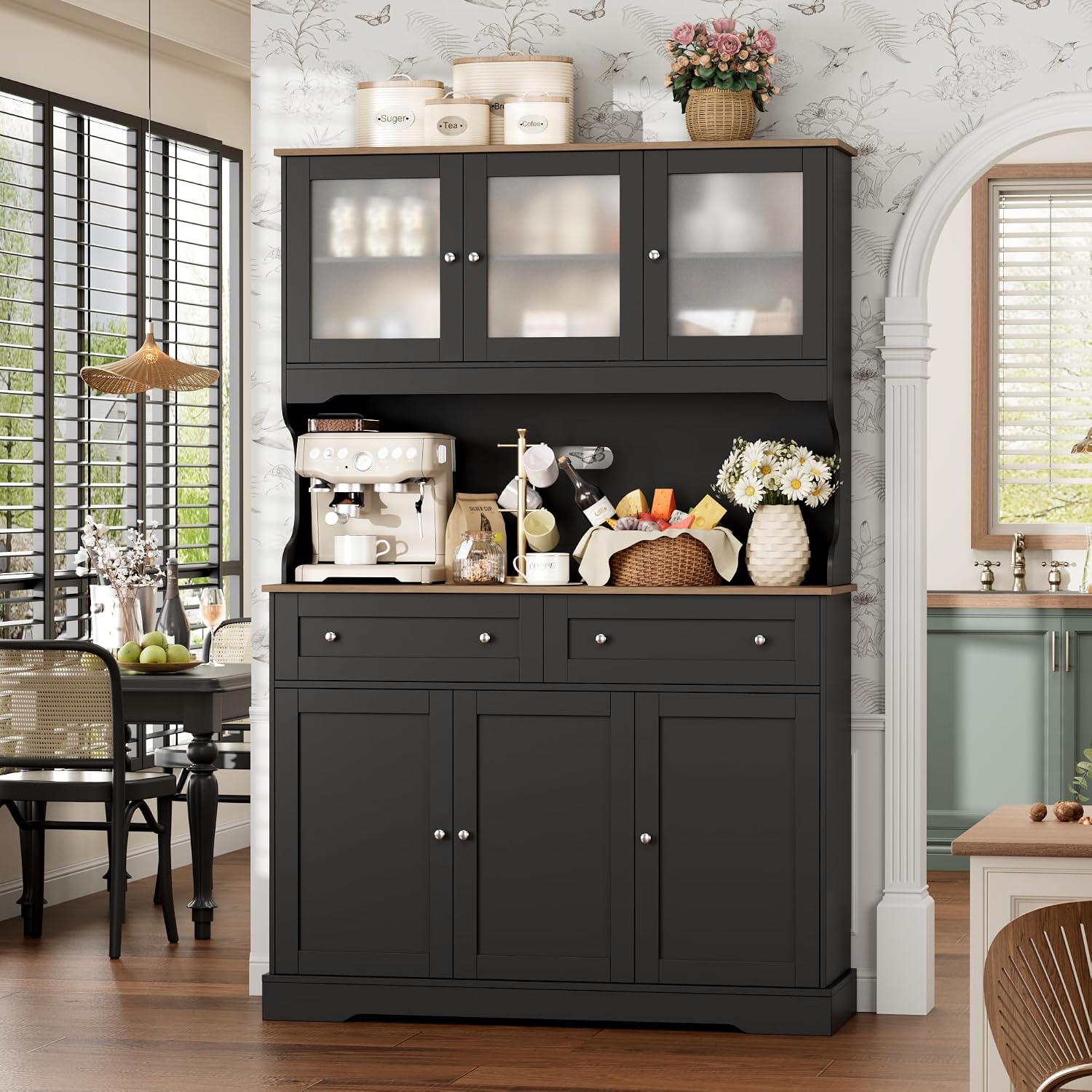 FACBOTALL 71.9" Kitchen Pantry Cabinet, Tall Storage Cabinet, Kitchen Hutch with Countertop and Outlets, Farmhouse Tall Pantry Storage with Doors and Shelves, Black