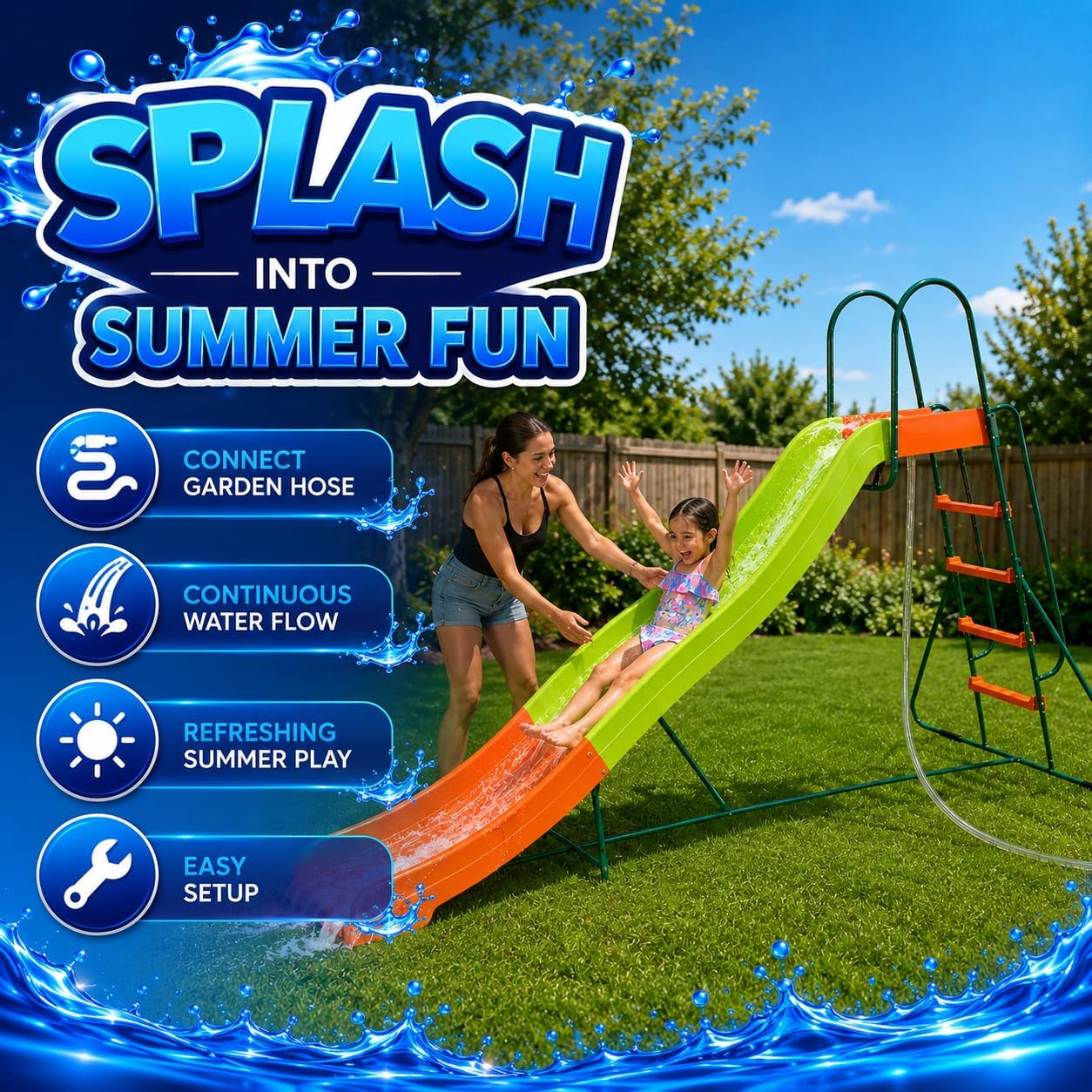 PLATPORTS Extra Large 10 Ft Water Slide for Kids, Indoor & Outdoor – Freestanding Wave Slide Converts to Water Slide via Hose Connector, Hose Clamps Included, Backyard Lawn Summer Fun, Ages 3 to 10