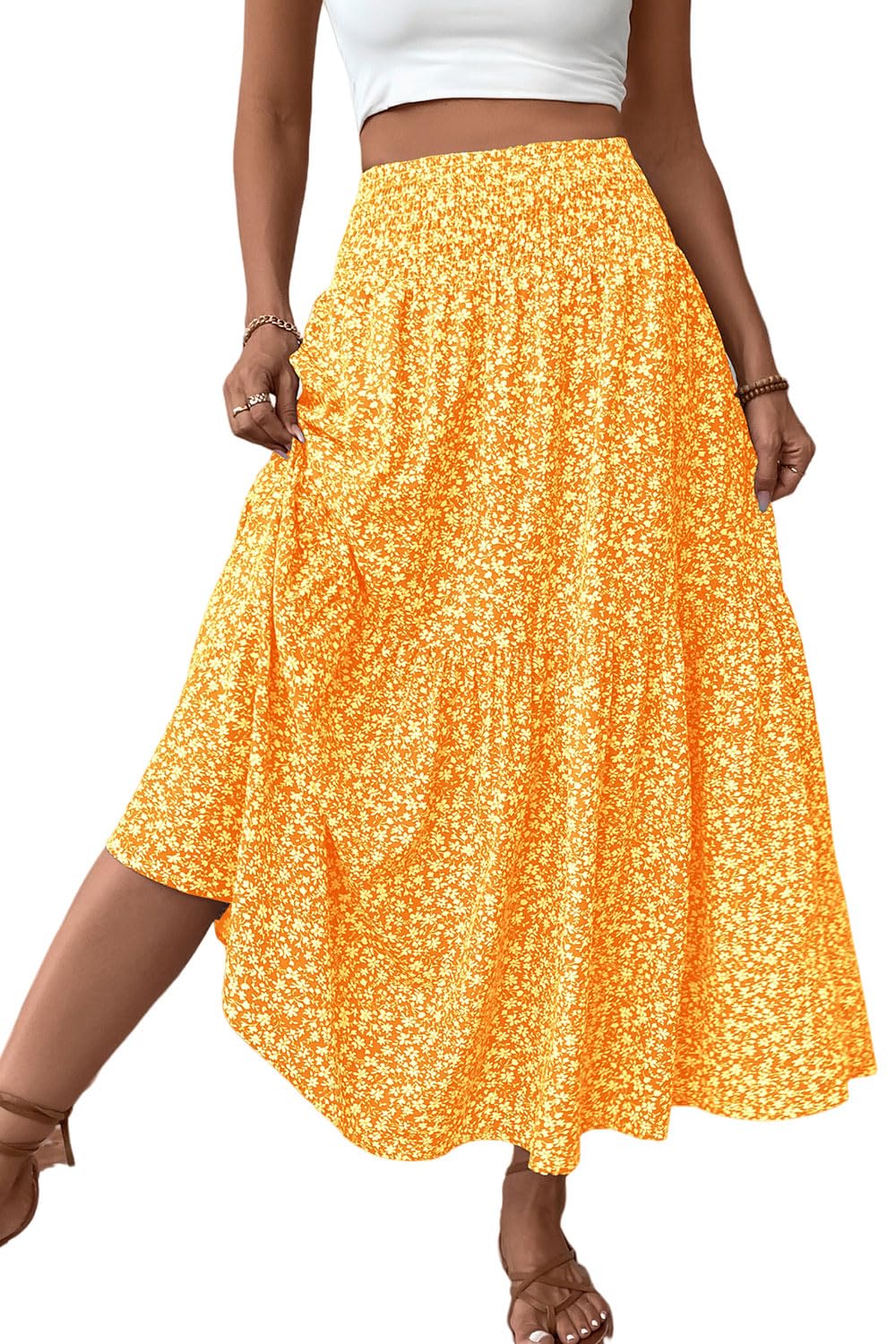 Women's Smocked High Waist Maxi Skirt Casual Boho Long Skirts with Pockets