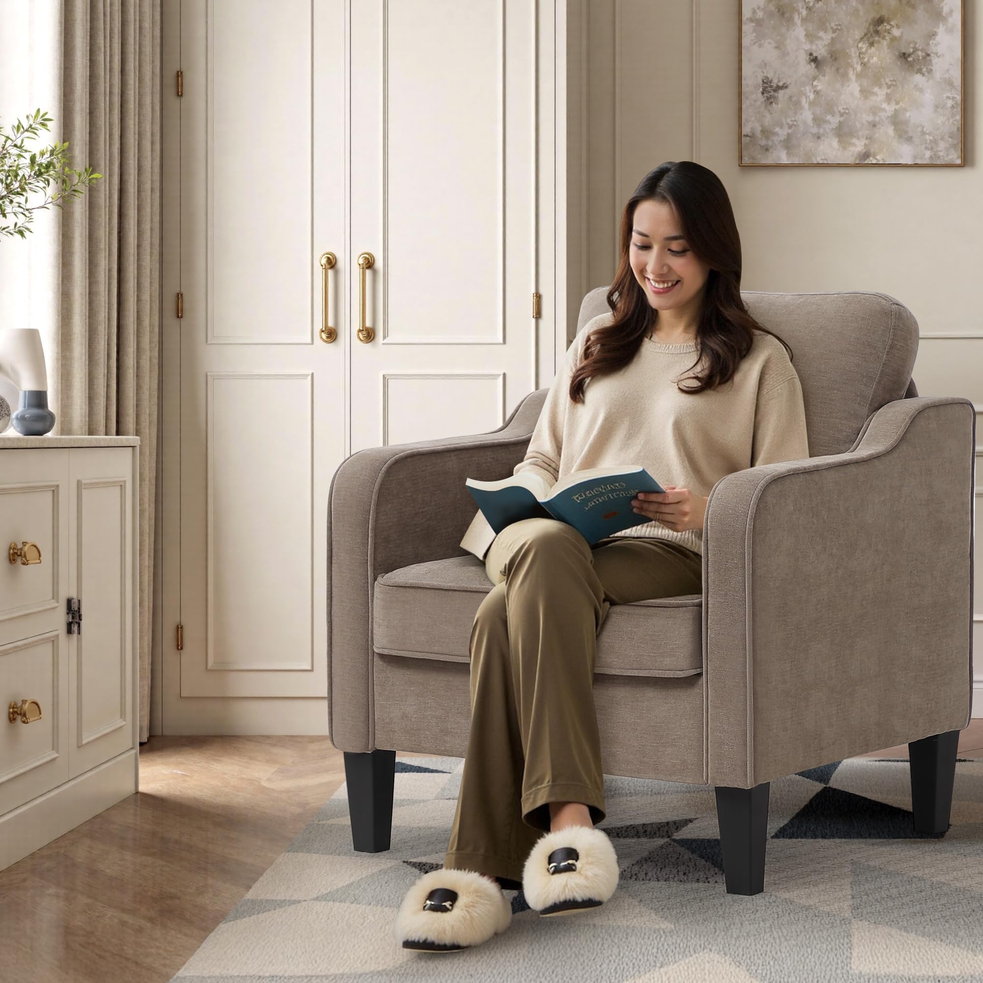 Accent Chair for Living Room, Mid Century Modern Reading Chair for Bedroom, Upholstered Armchair with Side Pockets, Comfy Single Sofa Side Chair for Office, Apartment, Small Room, Beige