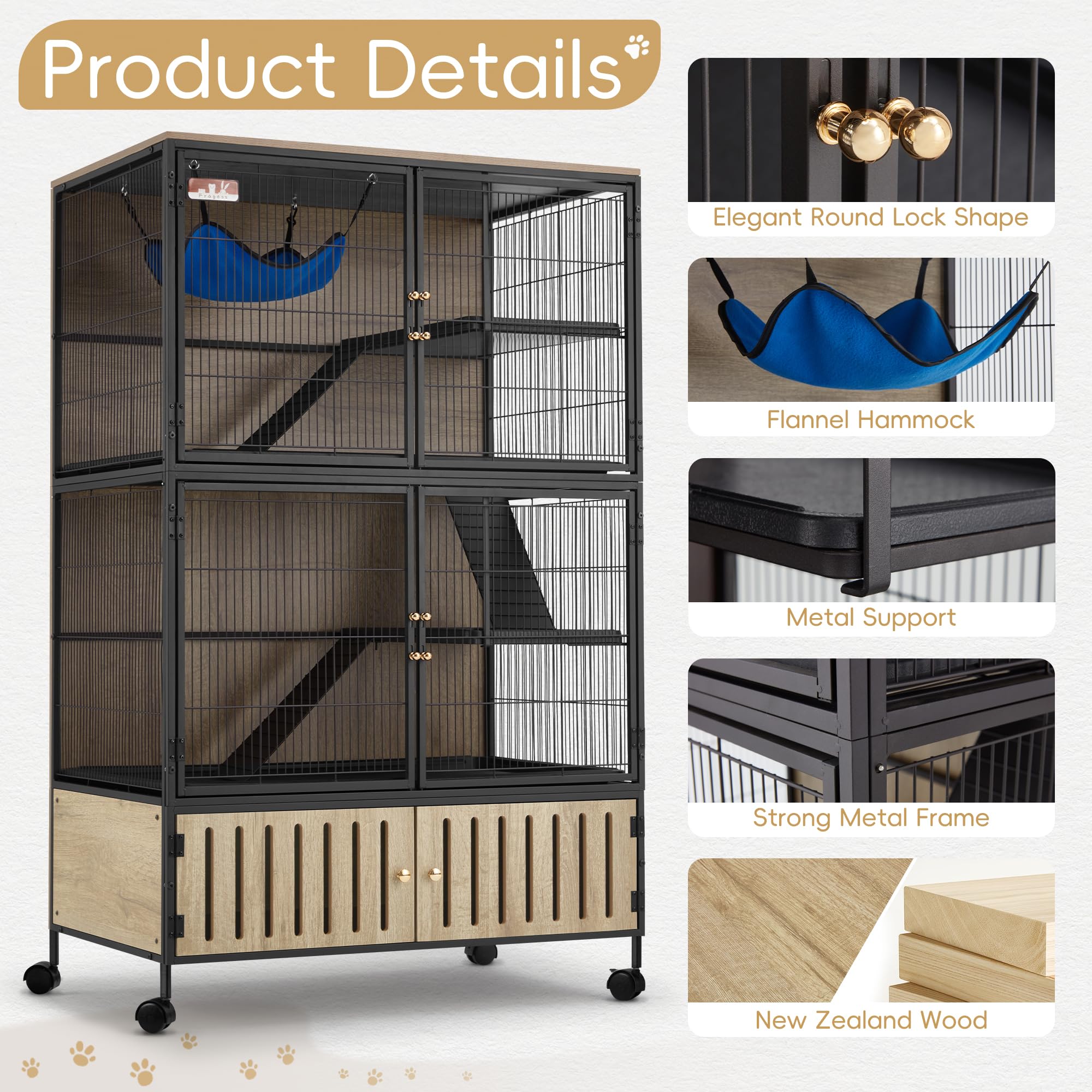 Fragess Metal Large Guinea Pig Cages 5 Levels, 60" H Rolling Ferret Cage with Removable Ramps & Double Door, Cages with Locker, Squirrel Cage Christmas Decoration Pet Crate Furniture