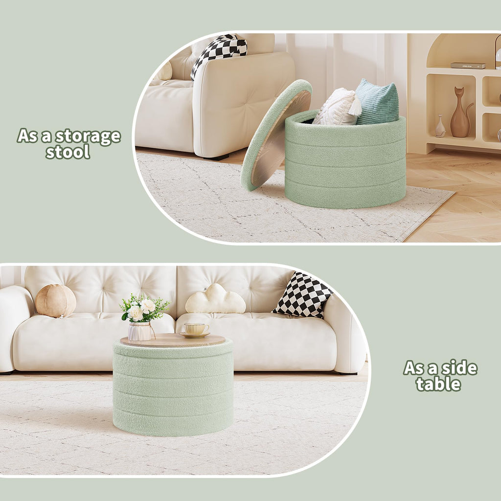 PINPLUS Round Storage Ottoman Foot Rest Stool with Tray Velvet Sherpa Folding Storage Ottoman,Boucle Foot Rest for Living Room, Bedroom, Dorm（Beige）