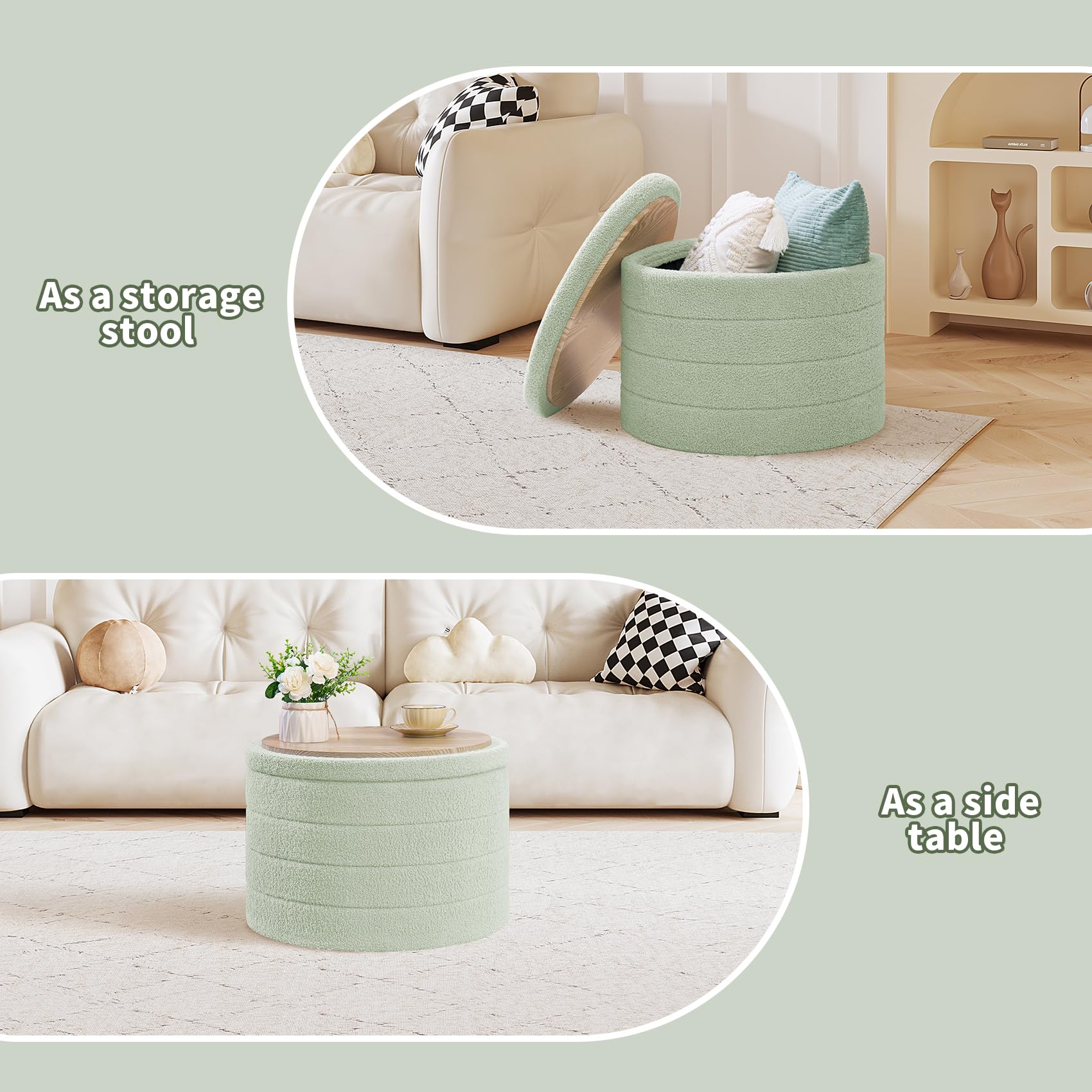 PINPLUS Round Storage Ottoman Foot Rest Stool with Tray Velvet Sherpa Folding Storage Ottoman,Boucle Foot Rest for Living Room, Bedroom, Dorm（Beige）
