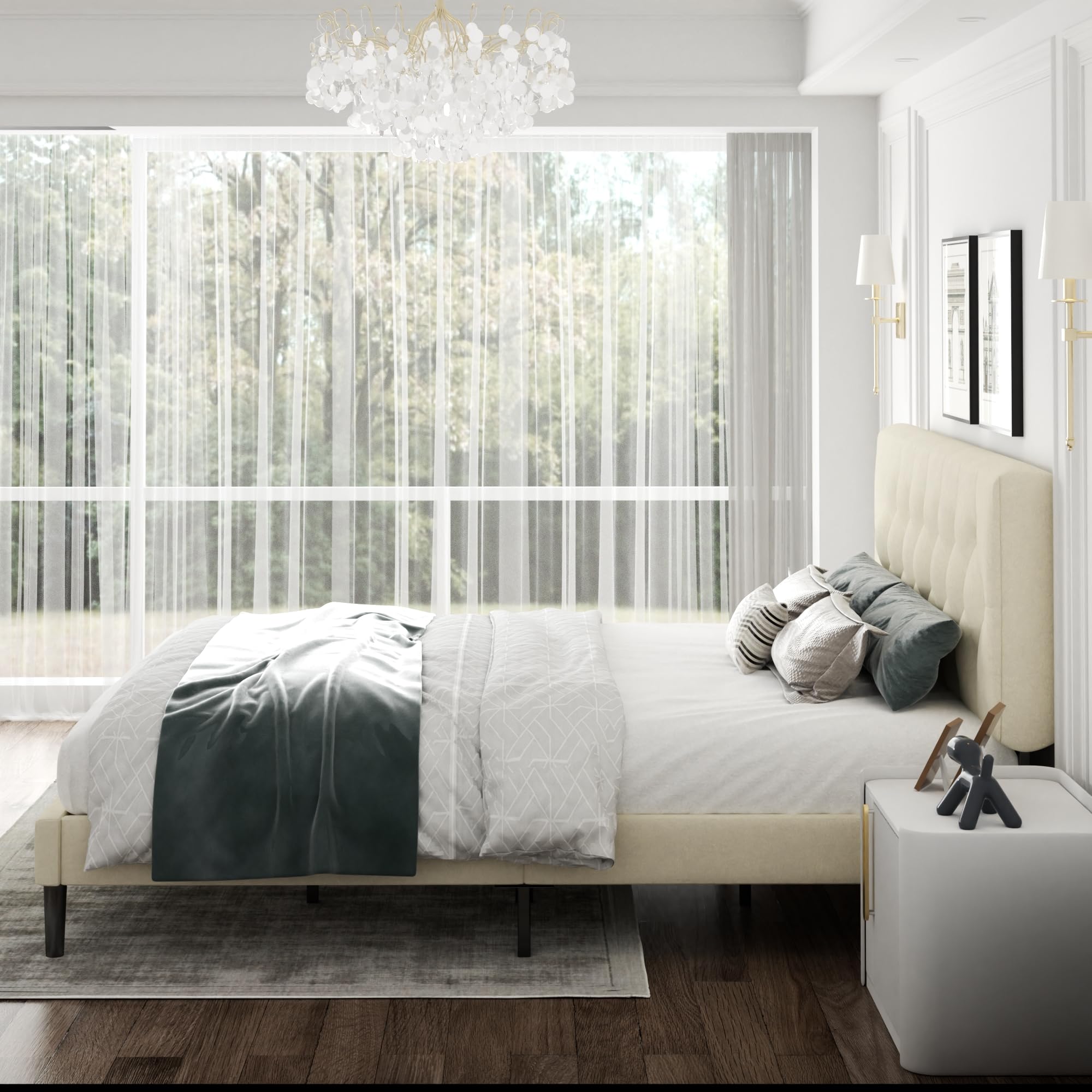CXVX Full Size Platform Bed Frame with Upholstered Headboard, Button Tufted Design, Strong Wooden Slats, No Box Spring Needed, Easy Assembly, Noise Free