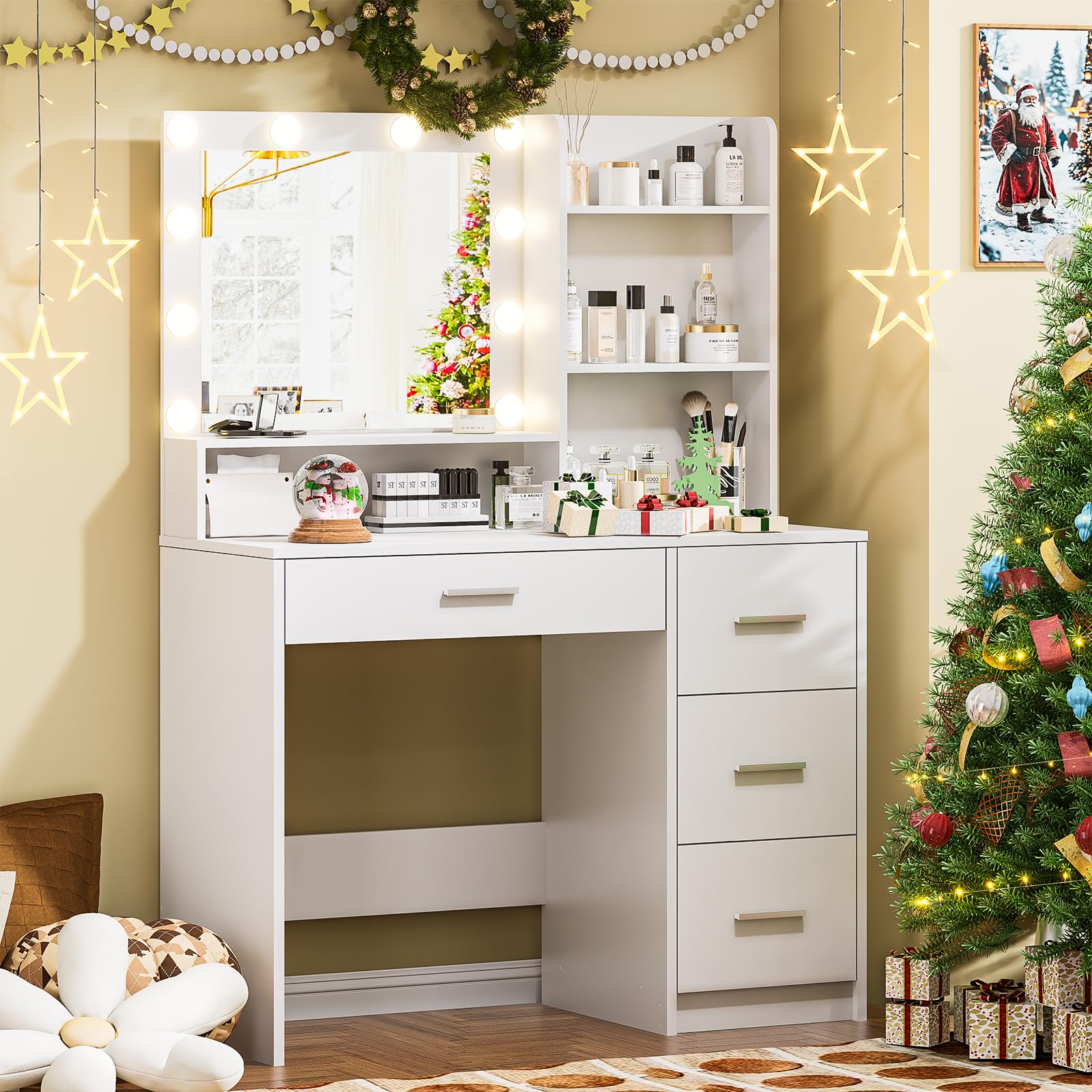 Vanity Desk with Lighted Mirror, Black Vanity with 4 Drawers,Makeup Vanity with Storage Shelves and Power Outlet,10 Lights with 3 Color Modes Brightness Adjustable for Girls’ Bedroom (Black)