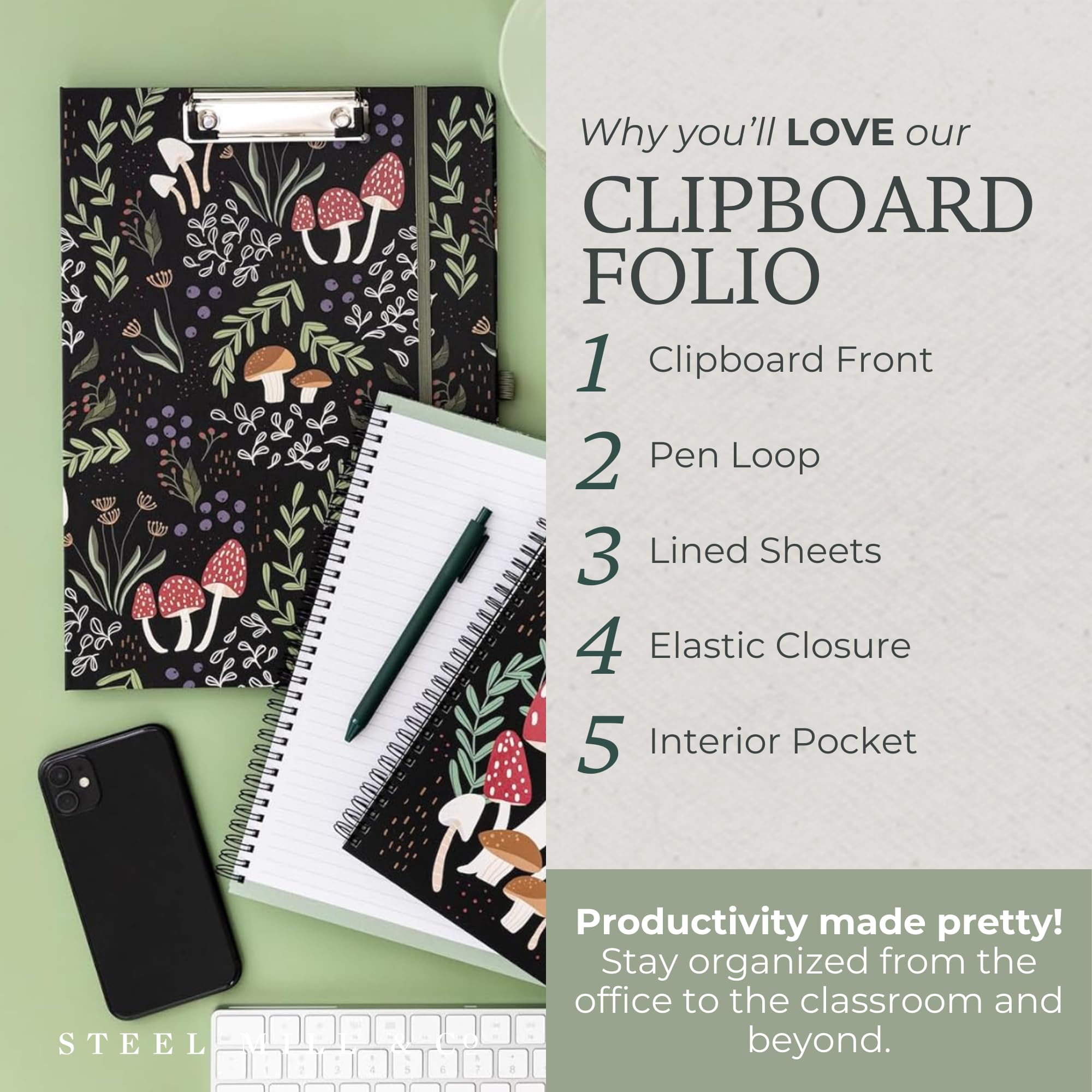 Steel Mill & Co Cute Clipboard Folio with Refillable Lined Notepad and Interior Storage Pocket, Black and White Padfolio for Work, Black Dots