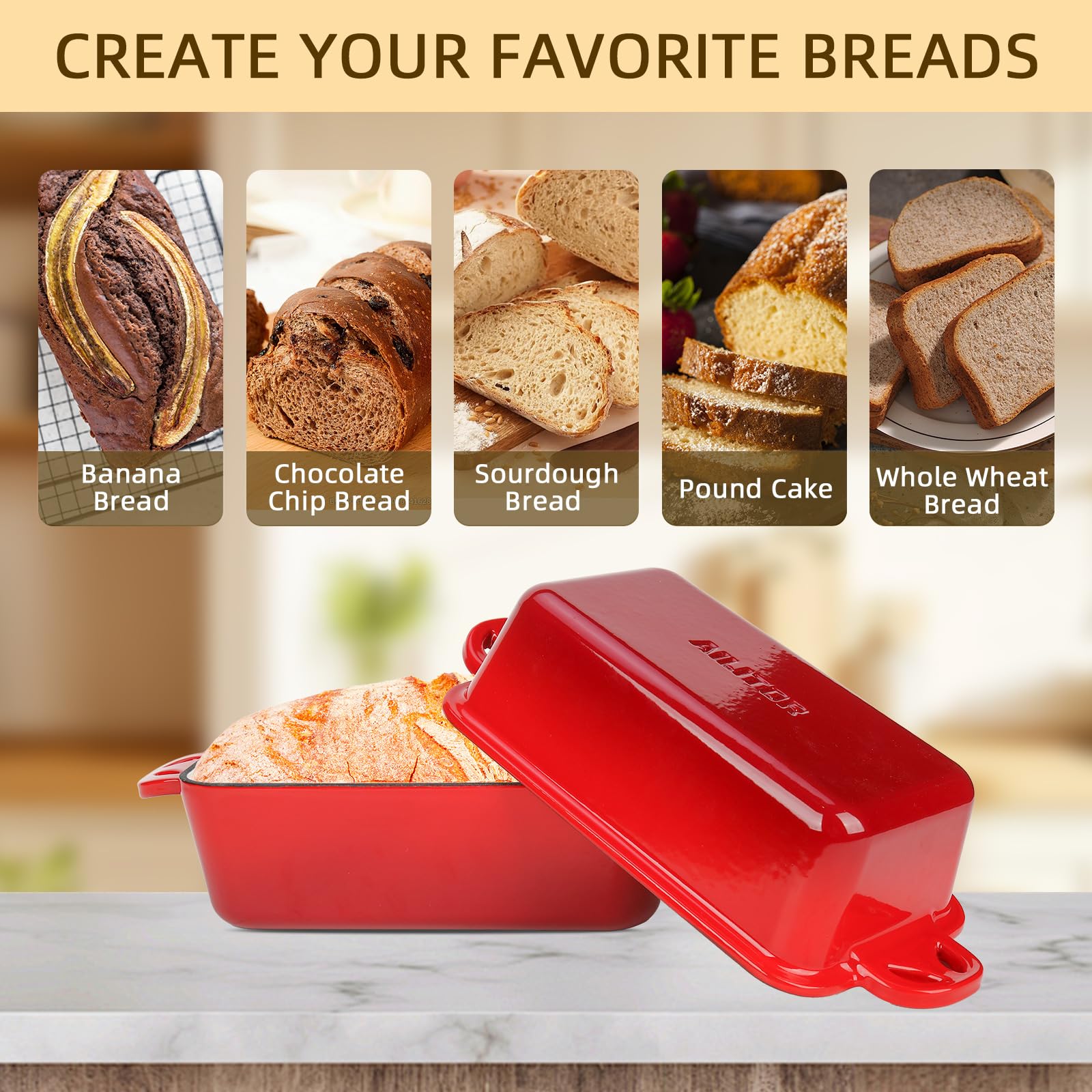 AILITOR 9x5 Enameled Cast Iron Loaf Pan with Lid - 2 in 1 Sourdough Bread Pan for Homemade Baking