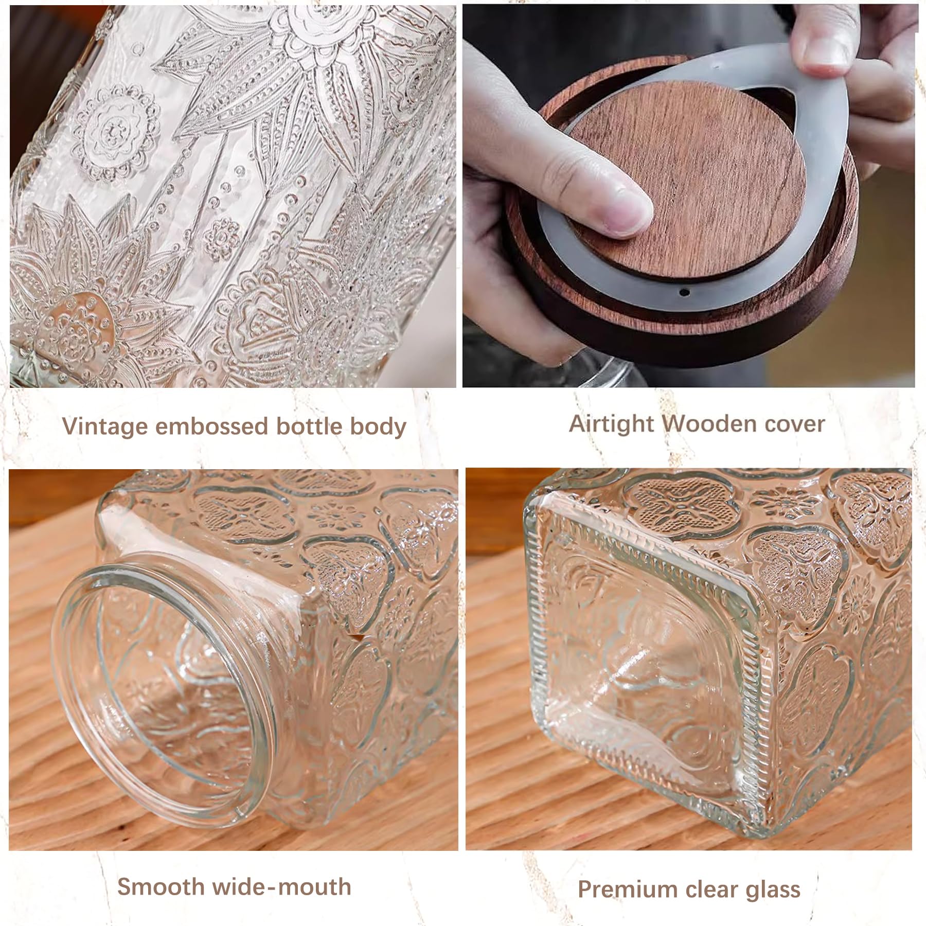 Custde Glass Storage Jars With Airtight Lid, 23.7oz Container For Kitchen Counter with Wooden Lid, brown sugar, candy, coffee, cookie, salt, tea, cute Jar (35oz Large Begonia Flowers)