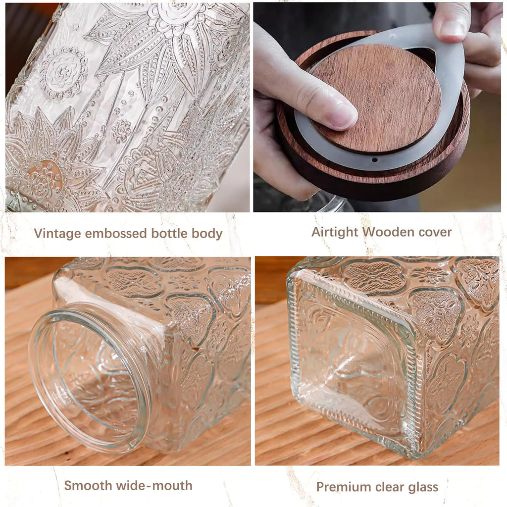 Custde Glass Storage Jars With Airtight Lid, 23.7oz Container For Kitchen Counter with Wooden Lid, brown sugar, candy, coffee, cookie, salt, tea, cute Jar (35oz Large Begonia Flowers)