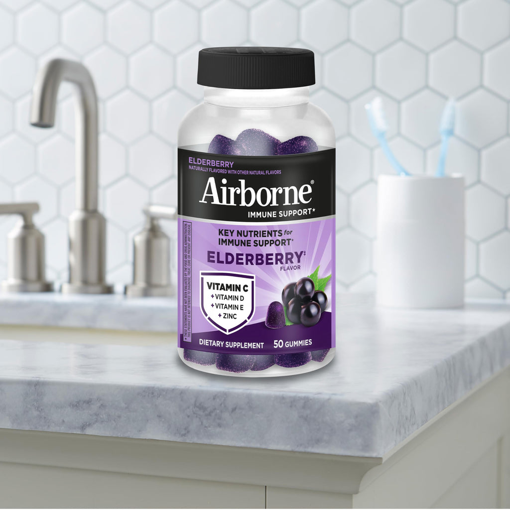 Airborne Elderberry + Zinc & Vitamin C Gummies For Adults, Immune Support Vitamin D & Zinc Gummies With Powerful Antioxidant Vitamins C D & E - 50 Gummies, Elderberry Flavor