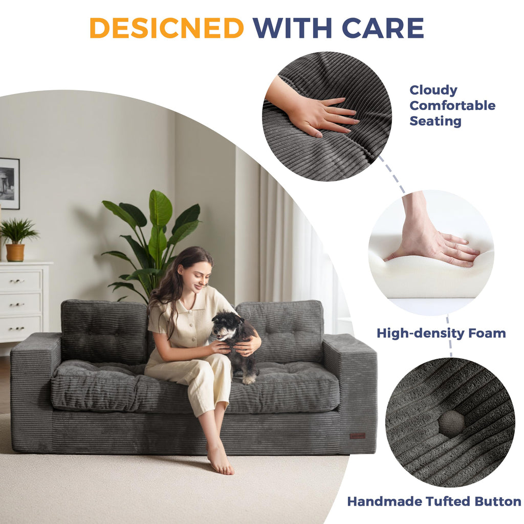 MAXYOYO 3 Seater Sofa Couch for Living Room, Tufted Boneless Couch Sofa Couch, Comfy Bubbled Bean Bag Chair for Apartment, No Assembly Needed, Beige