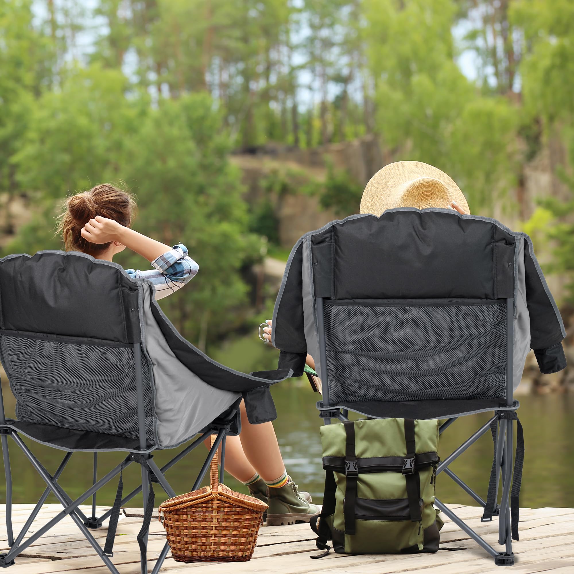 Double Camping Chair Heavy Duty Oversized Padded Loveseat for Adults 2 Person Outdoor Portable Camping Chairs for Lawn, Backyard, Fishing, Trip, Support 600lbs, Grey