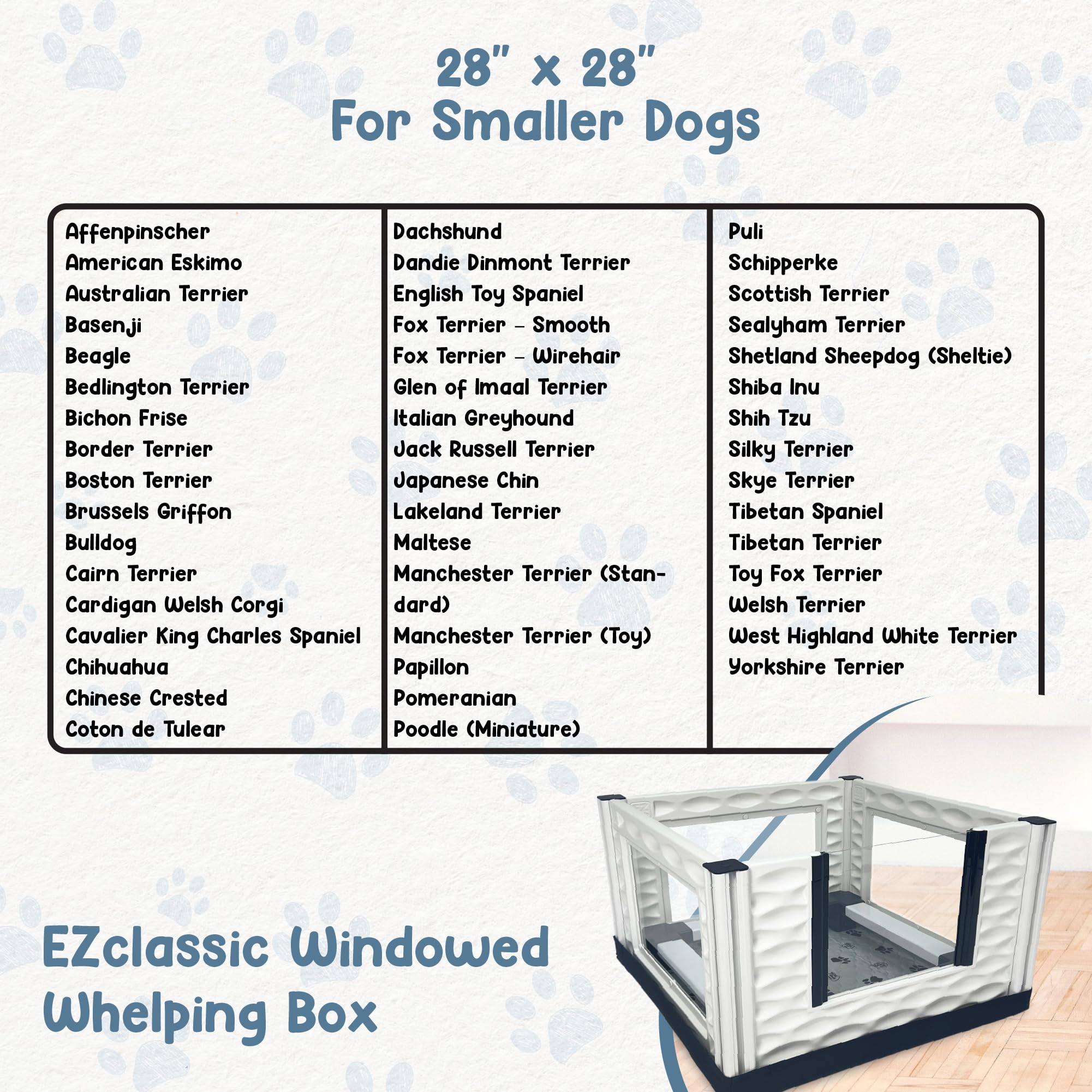 EZwhelp EZclassic Windowed 48"x48"x18" Whelping Box with Rails and Windowed Walls, Padded Dog Whelping Box, Black Pad