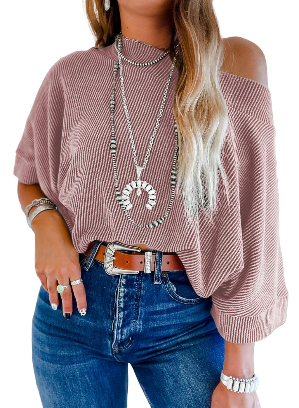 EVALESS Sexy Off The Shoulder Tops for Women 3/4 Length Sleeve Womens Tops Spring Summer 2026 Boat Neck One Shoulder Shirts