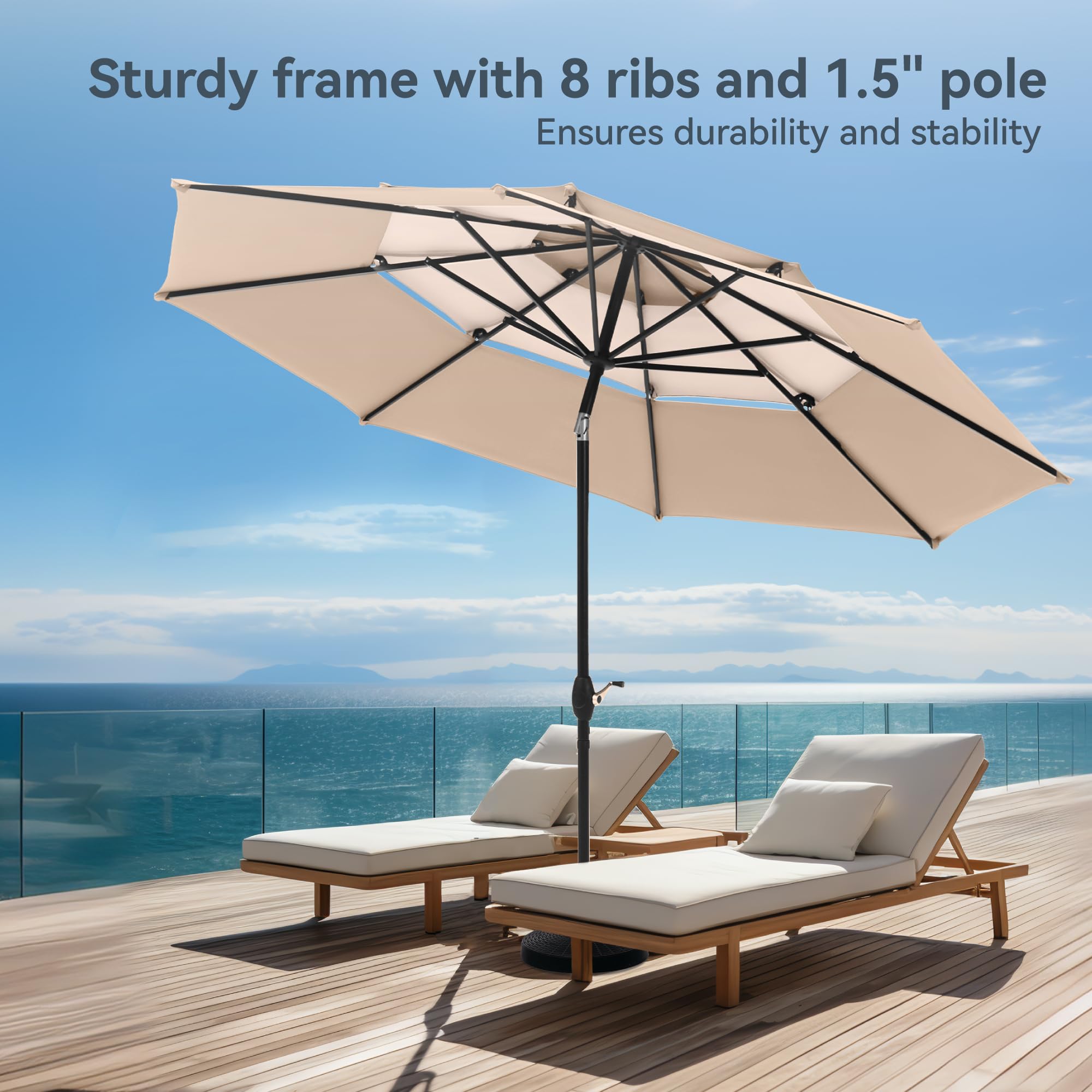 PHI VILLA 10ft Patio Umbrellas, Outdoor 3 Tier Vented Large Market Table Umbrella with 8 Sturdy Ribs and 1.5" Umbrellla Pole for Lawn Poolside Garden Terrace, Beige(No Base)