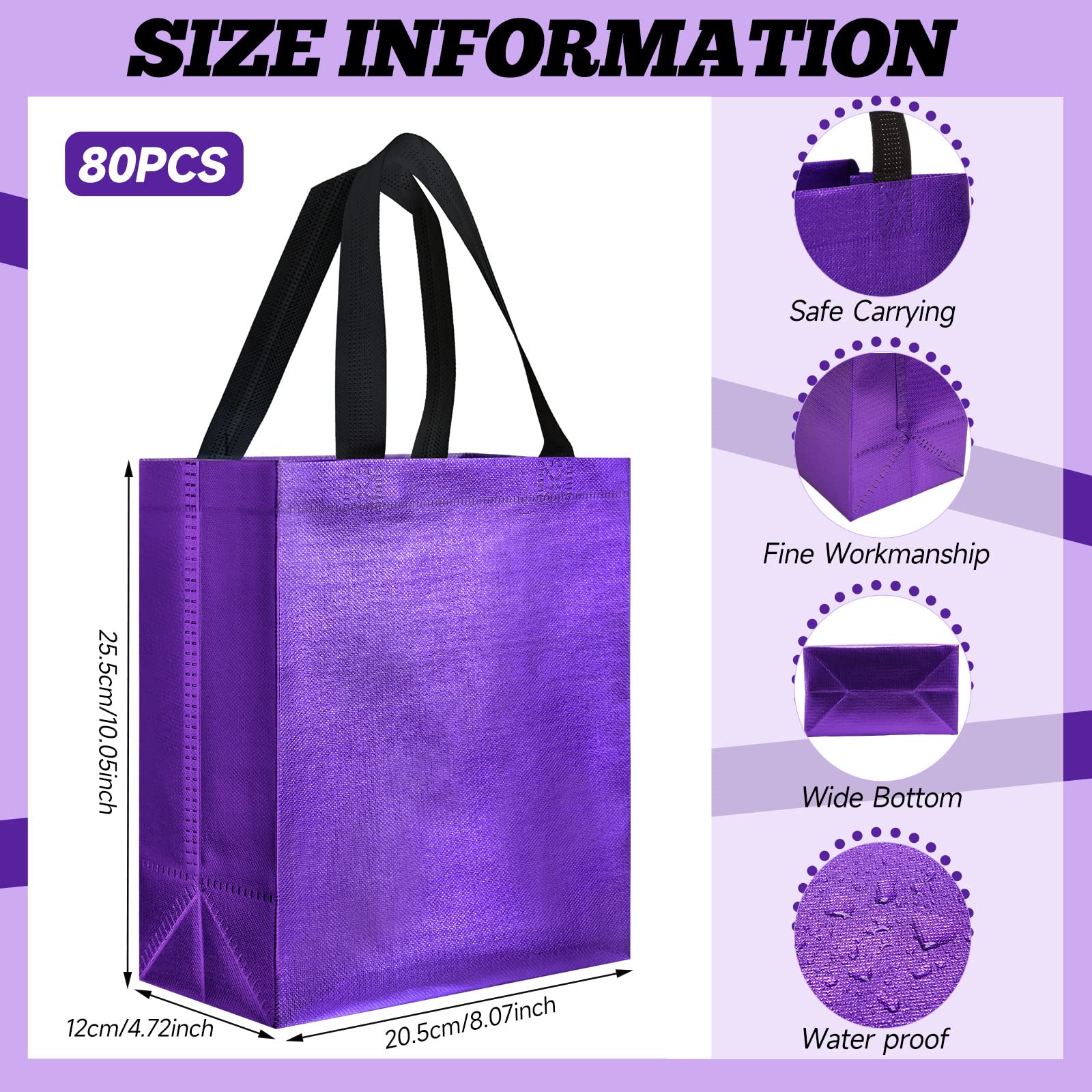 Eccliy 80 Pcs Reusable Gift Bags Set Glossy Grocery Gift Tote Bag with Hadnle for Wedding, Father's Day, Graduation, Summer Event (10 x 8 x 4.7 Inch,Black)