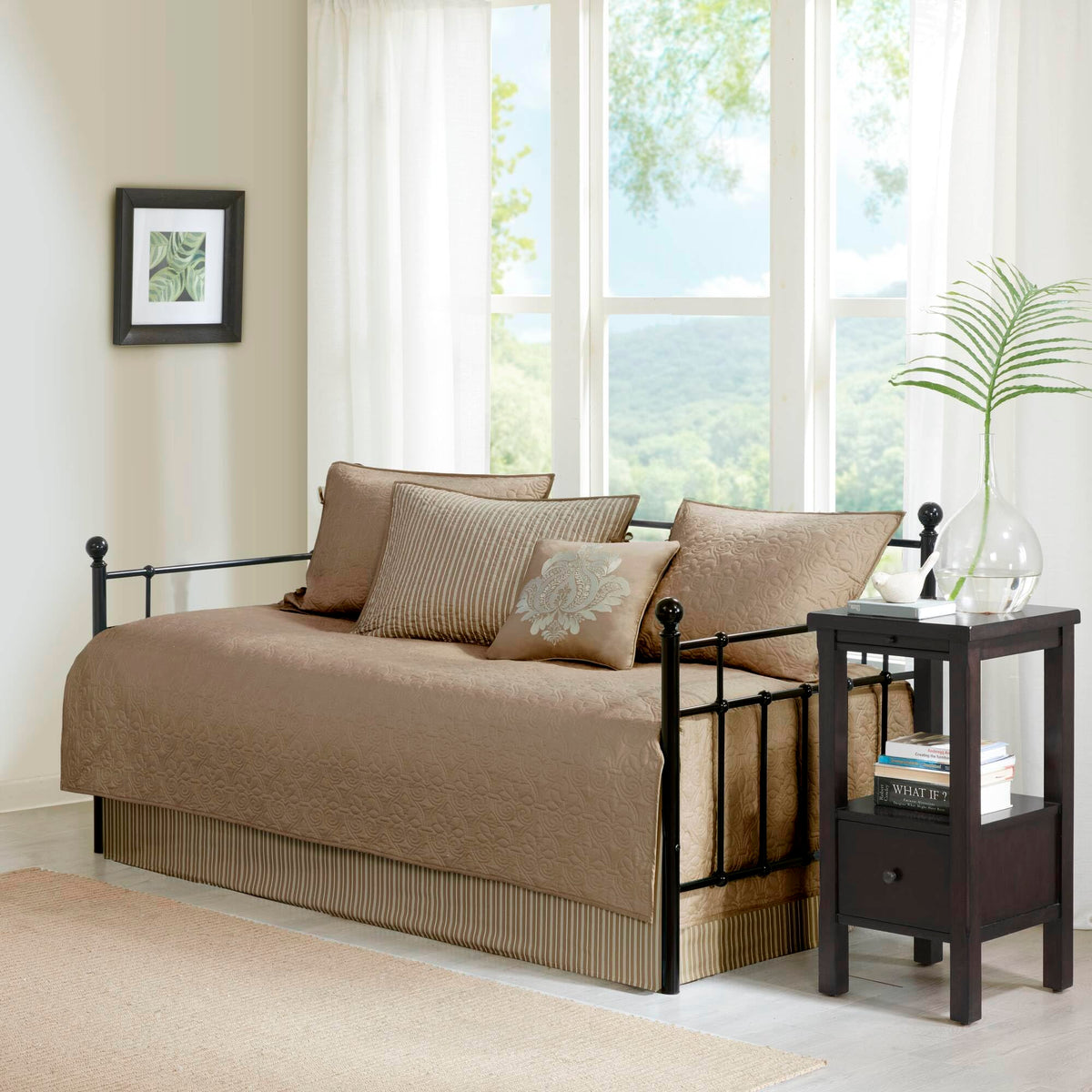 Madison Park Cotton Daybed Cover Set-Double Sided Quilting Classic Cottage Design All Season Bedding with Bedskirt, Matching Shams, Decorative Pillow, 75"x39", Quebec Dark Grey 6 Piece