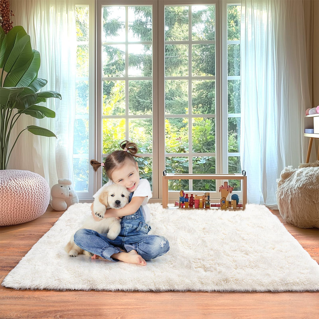 Beige Fluffy Rug for Bedroom 4x6ft - Ultra Soft & Non Slip Shaggy Area Rug, Comfy Durable Carpet for Living Room Kids Room Teens Dorm Home Decor, 1.7'' Thick Indoor Plush Carpets
