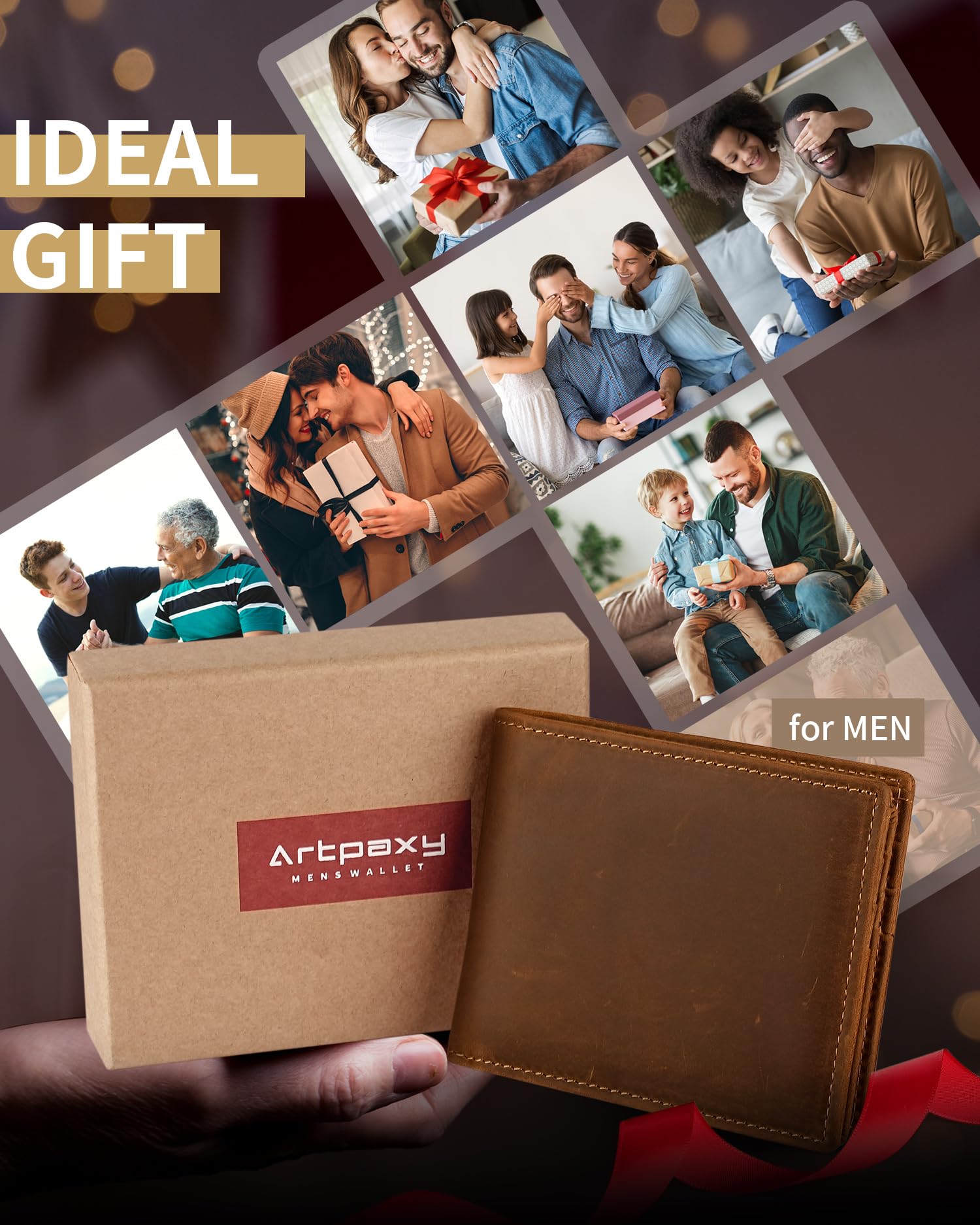 Artpaxy Mens Wallet Genuine Leather Bifold RFID Blocking Wallet for Men with 1 ID Window 13 Card Holders 2 cash pockets 1 Gift Box