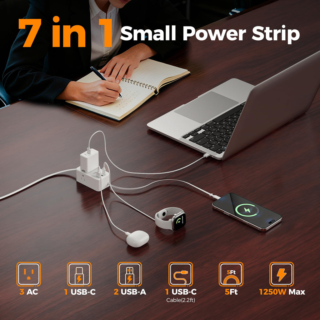 TESSAN Small Flat Plug Power Strip, Ultra Thin Extension Cord 5 ft, 3 AC Outlets with 3 USB Ports (1 USB C), Multiple Wall Outlet Extender for Cruise Travel Office School Dorm Room Essentials, Black