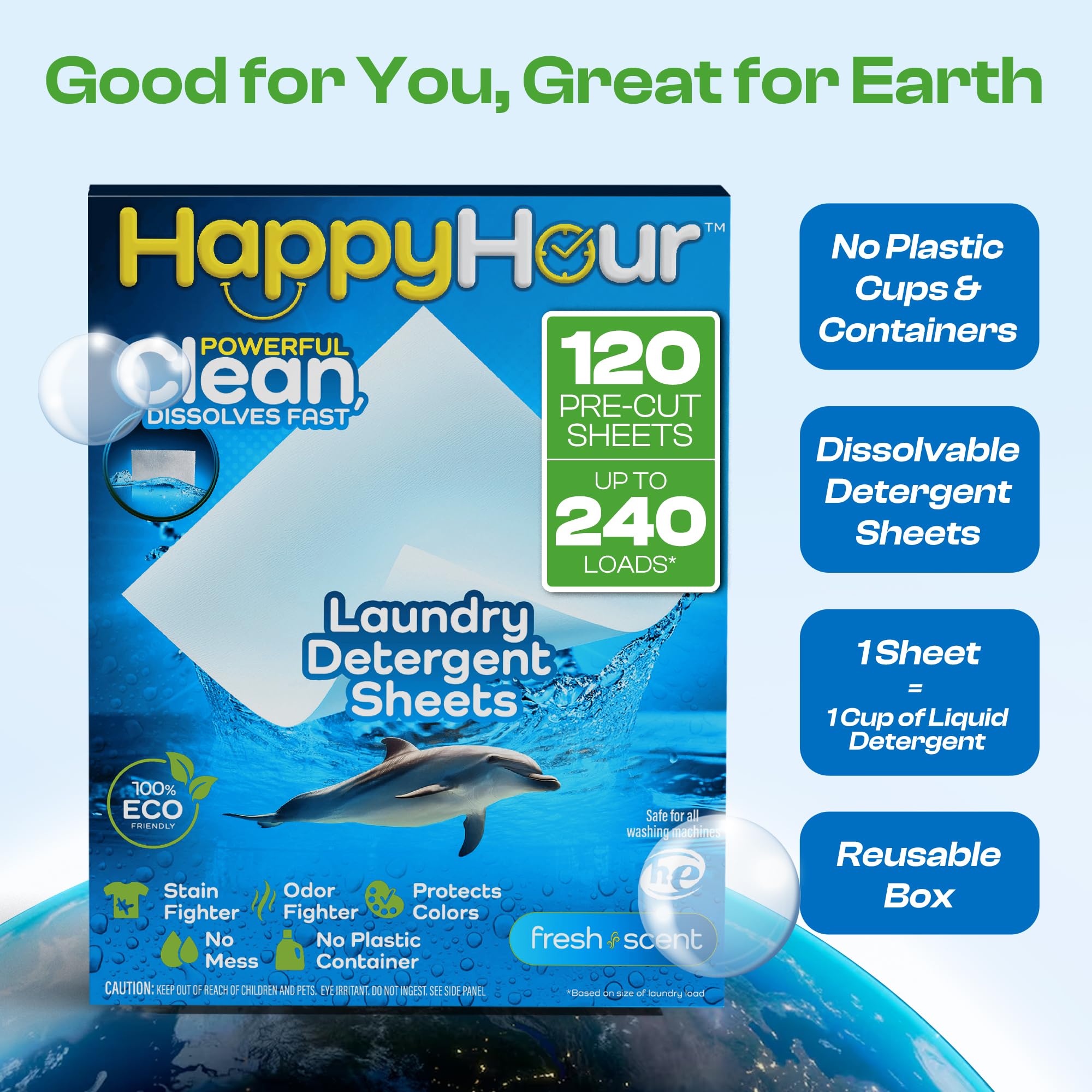 HAPPY HOUR Laundry Detergent Sheets Value Pack with up to 240 Loads, Non Toxic Laundry Sheets Detergent Soap for Sensitive Skin, Recyclable Eco Friendly, Perfect for Travel - Fresh Scent