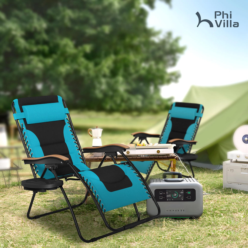 PHI VILLA XXL Oversized Padded Zero Gravity Chair Set of 2, Foldable Patio Recliner, 30" Wide Seat Anti Gravity Lounger with Armrest and Cup Holder, Support 400 LBS (Aqua Blue)