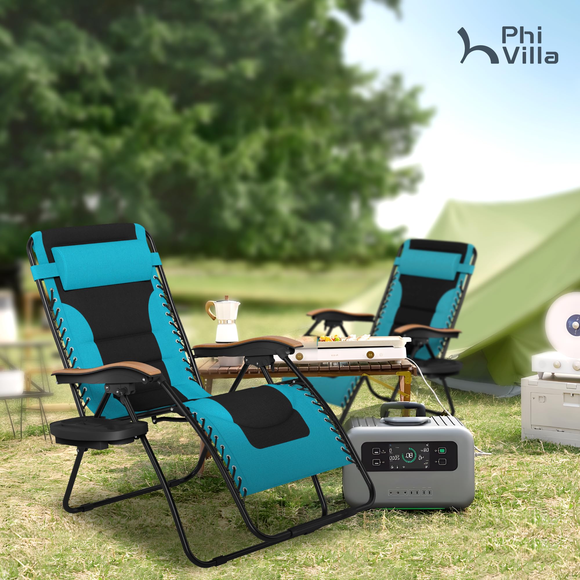 PHI VILLA XXL Oversized Padded Zero Gravity Chair Set of 2, Foldable Patio Recliner, 30" Wide Seat Anti Gravity Lounger with Armrest and Cup Holder, Support 400 LBS (Aqua Blue)