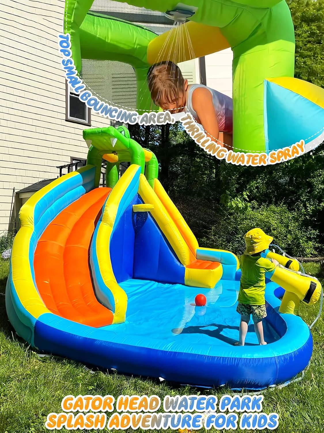 ROOJER Crocodile Inflatable Water Slide for Kids Backyard 8-in-1 Blow Up Wet & Dry Bounce House Water Park with Blower, Splash Pool, Climbing Wall, Double Cannons for Indoor Outdoor Party Fun Ages 3-8