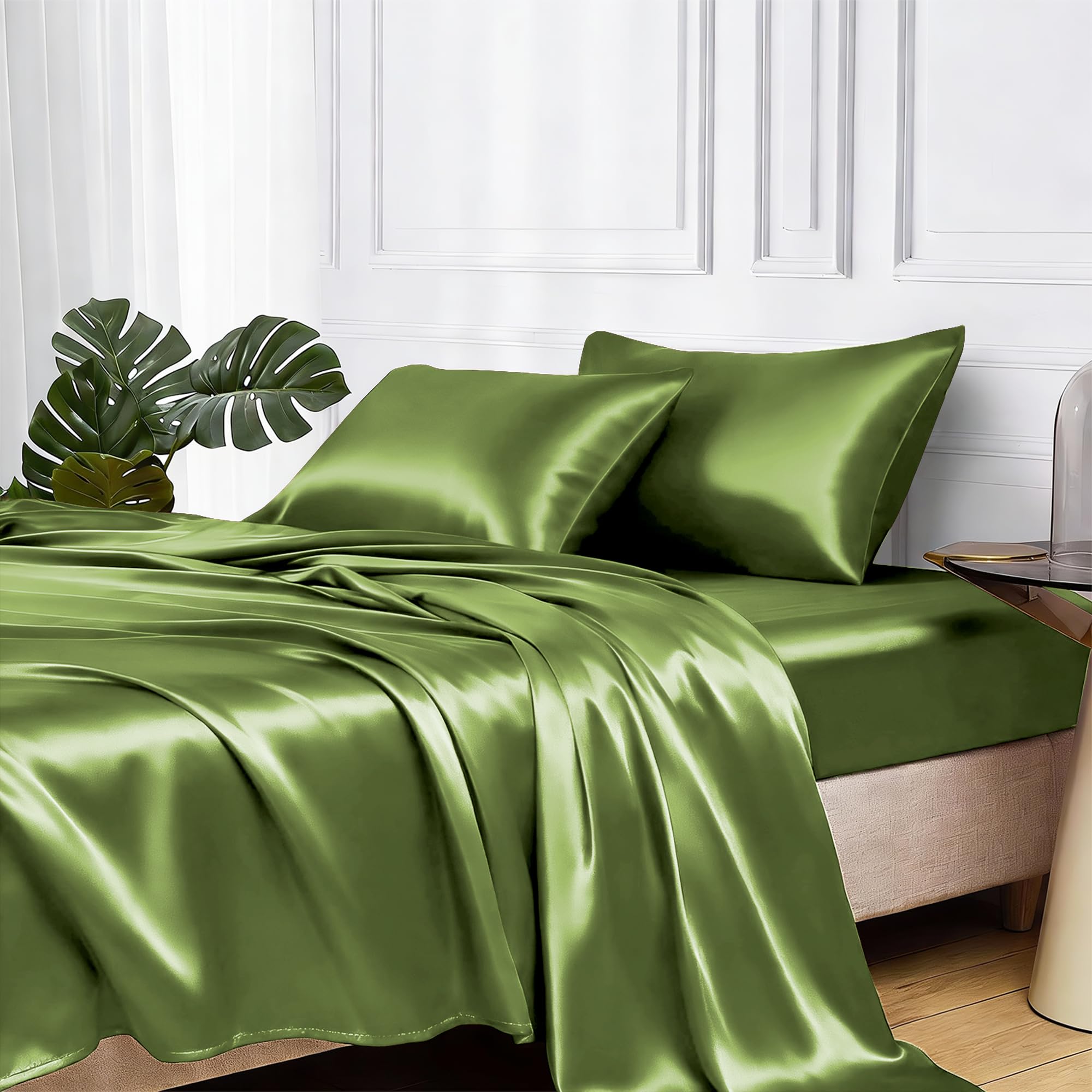 MR&HM Satin Sheets with Elastic Corner Straps, Twin Size 3-Piece Silky Bedding Set, Deep Pocket 15 Inches, Good for Hair & Skin (Twin, Black)