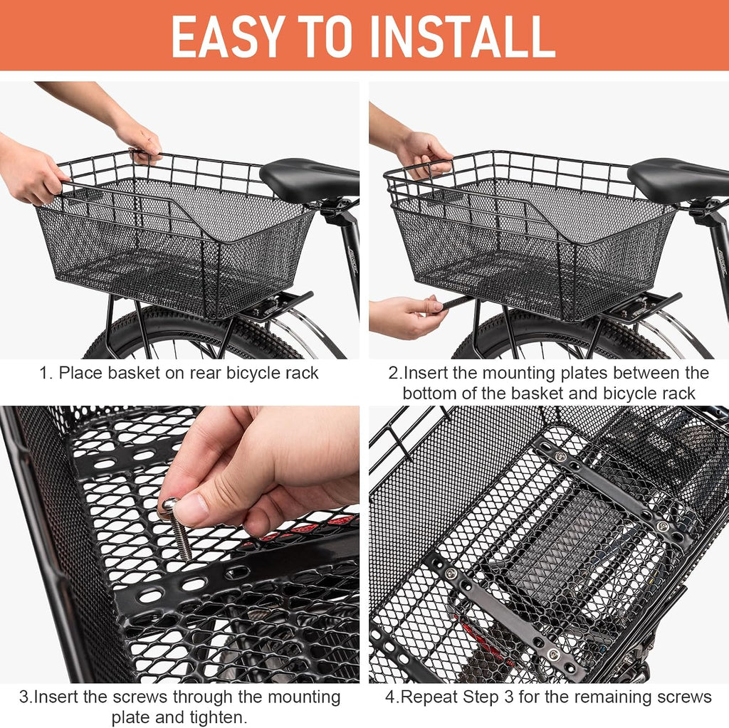 Rear Bike Basket - Large Bicycle Rear Basket with Cargo Net and Waterproof Cover, Wire Bike Baskets Rear Large Capacity (NO Bike Rack Included)