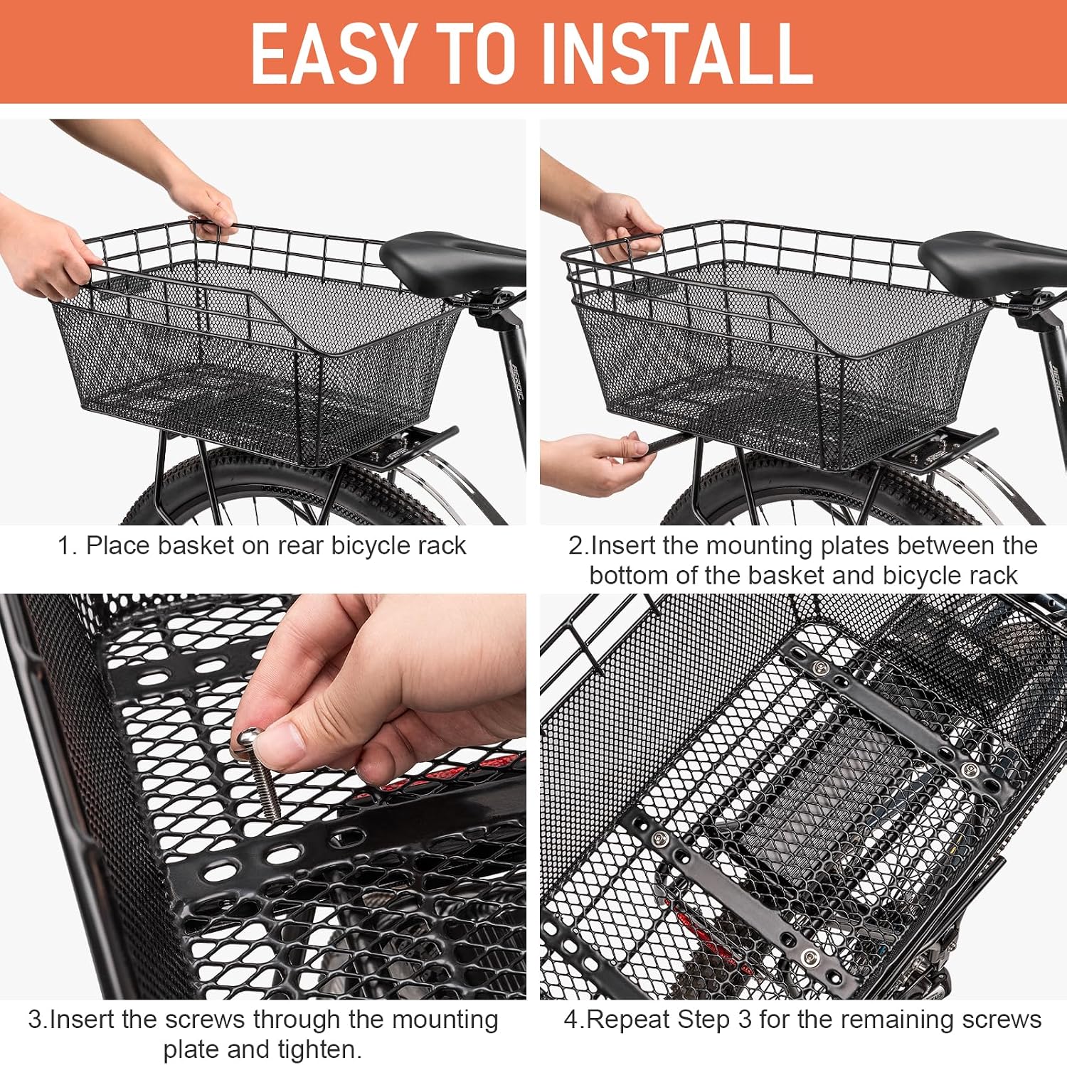 Rear Bike Basket - Large Bicycle Rear Basket with Cargo Net and Waterproof Cover, Wire Bike Baskets Rear Large Capacity (NO Bike Rack Included)