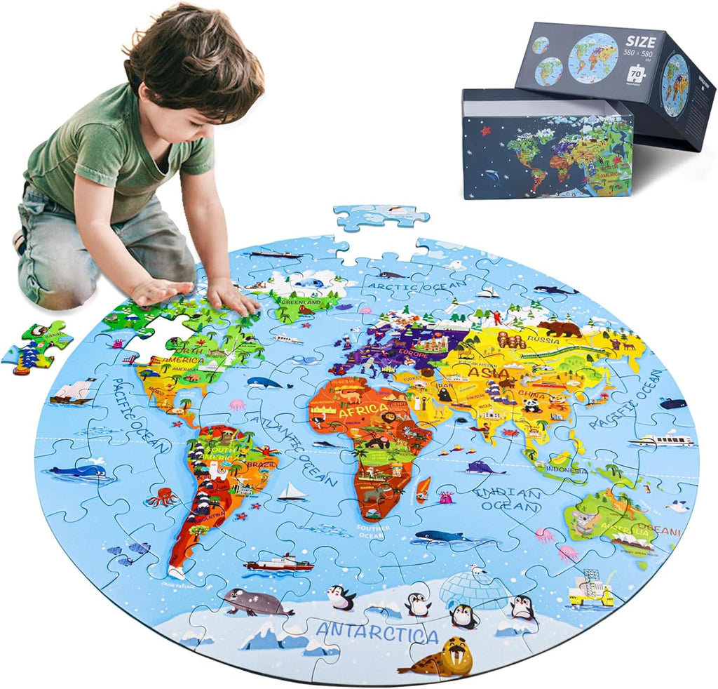 DIGOBAY World Map Jigsaw Puzzle for Kids 4-8, 70 Piece Large Round Floor Puzzles for Kids Ages Toddler Puzzle Globe Geography Games Educational Toys Birthday for Children