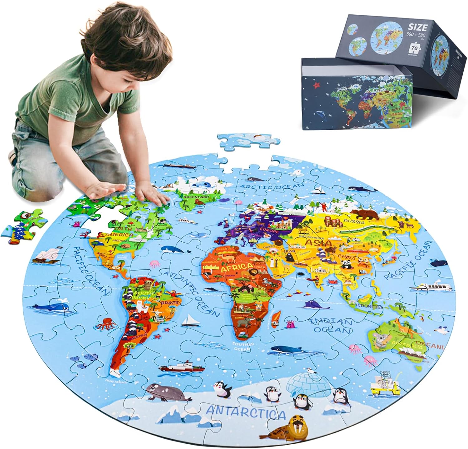 DIGOBAY World Map Jigsaw Puzzle for Kids 4-8, 70 Piece Large Round Floor Puzzles for Kids Ages Toddler Puzzle Globe Geography Games Educational Toys Birthday for Children