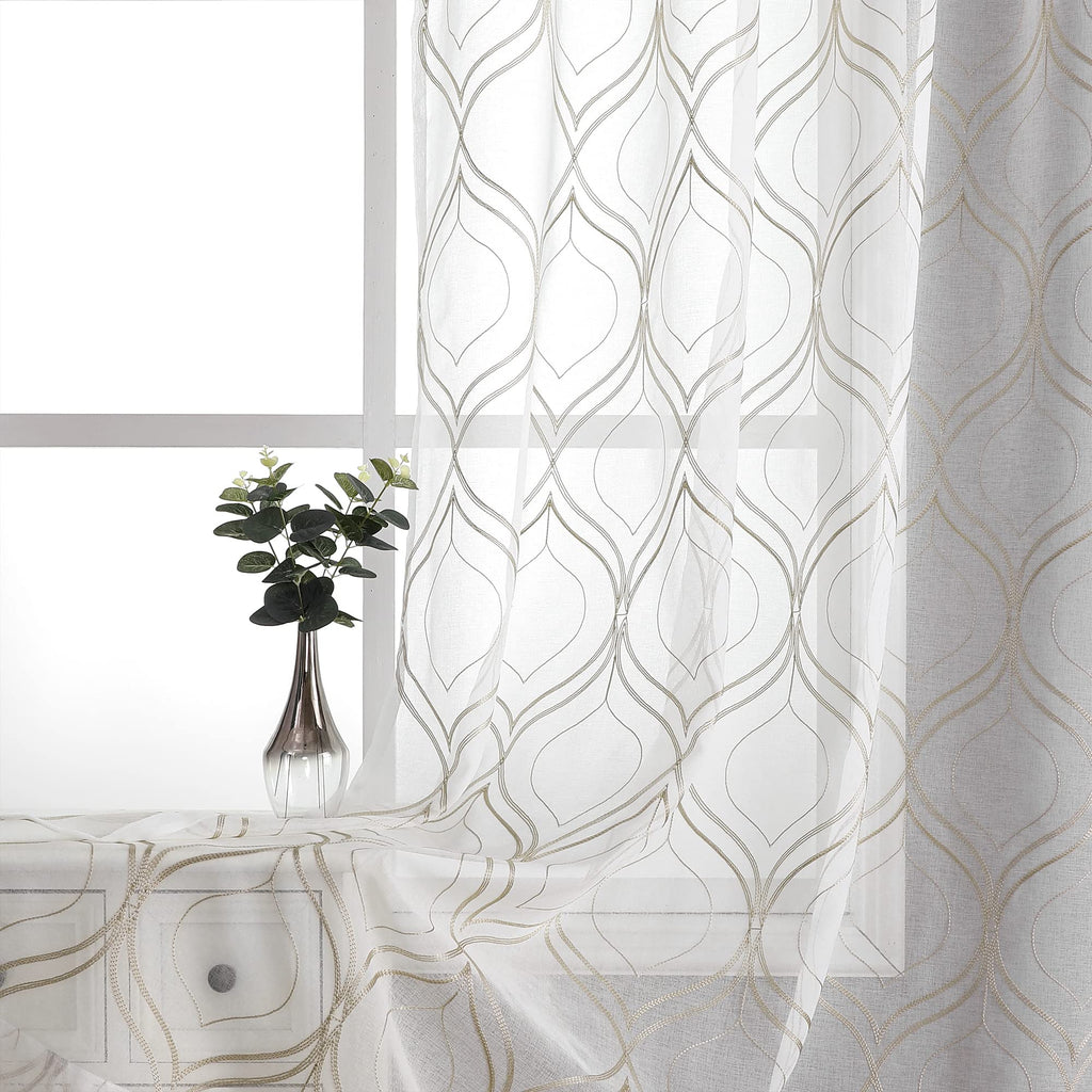 VISIONTEX Sheer Curtains 63 Inches Long 2 Panels Set, Beige and Ivory Moroccan Embroidery Texture Geometric Rod Pocket White Voile Tulle Semi Window Treatment Pair for Bedroom, W54 x L63